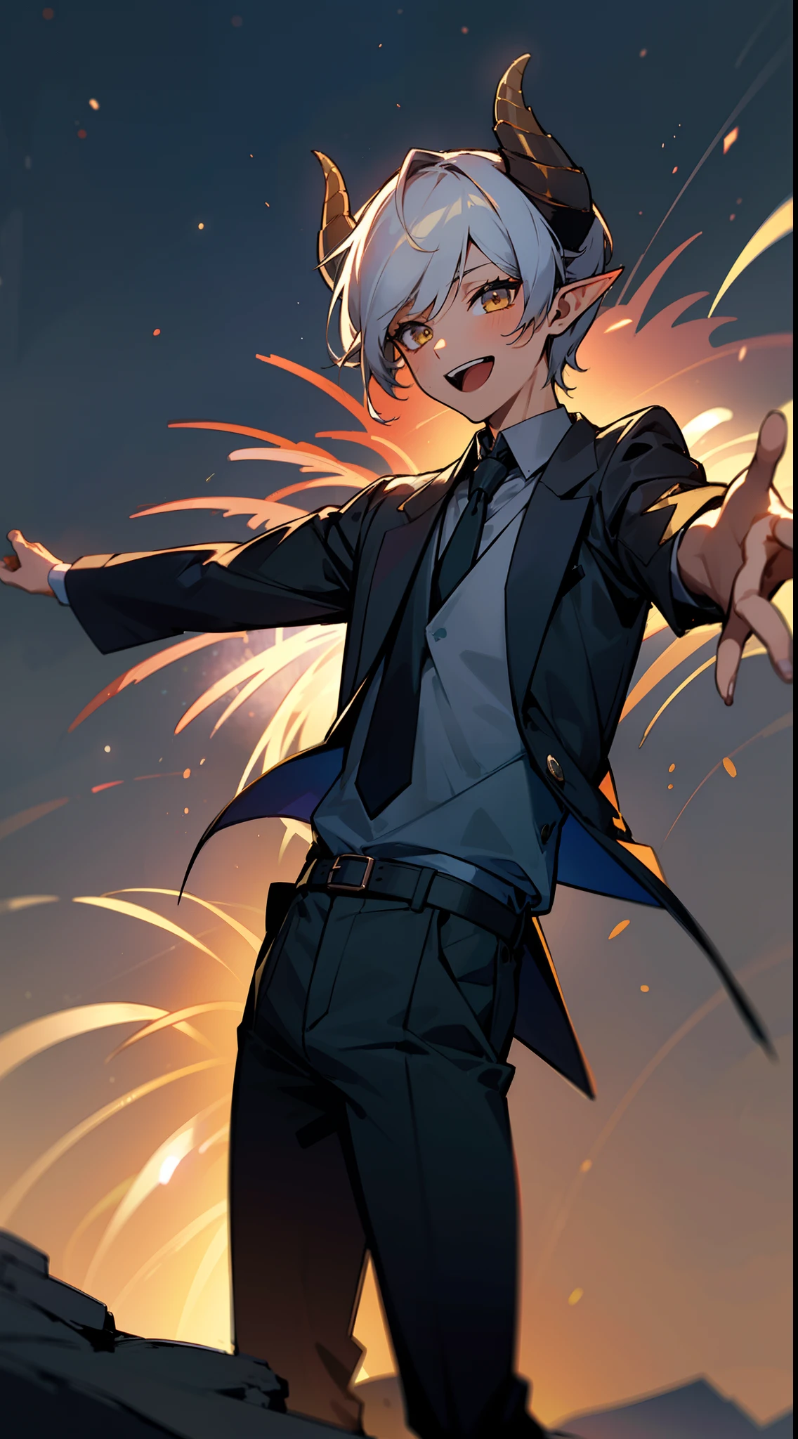 1boy,solo,happy,(tanned skin,medium body,male face),wearing a black blazer,black shirt,tight shirt,black tie,black pants,Short hair,white hair,yellow eyes,elves ears,black horns,high on a cliff at night, night,standing with arms outstretched,smile,open mouth,loonking to the viewer,starry sky,fireworks,festival,masterpiece,hd,8k,best quality,ultra quality