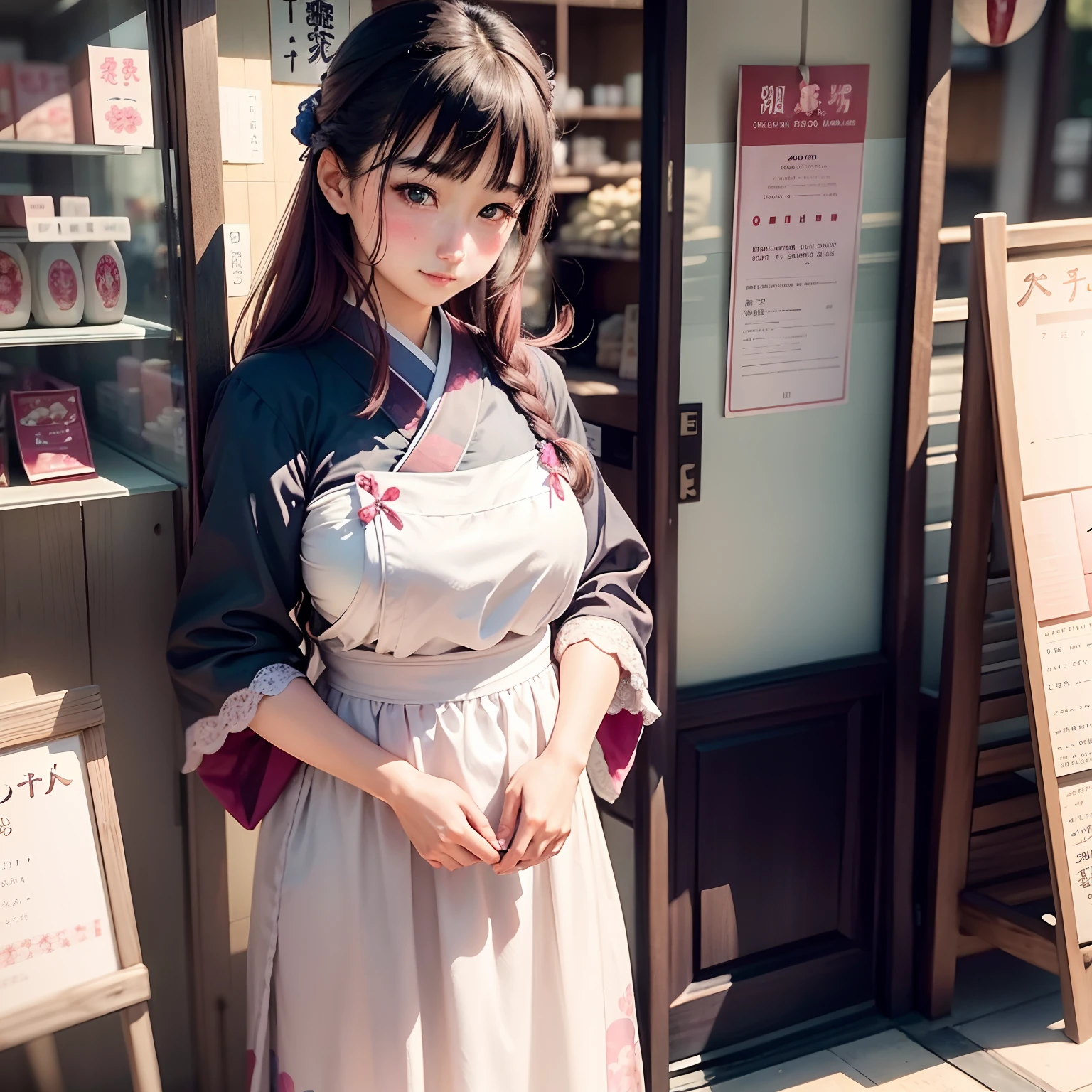 A Japanese Lady、Beautie、Realistic Woman、Beautuful Women、20yr old、Solo Shot、maid clothes、Maid Cafe、Patchy duplex、Outstanding style、Blushing cheeks、embarassed expression、The shops、store clerk