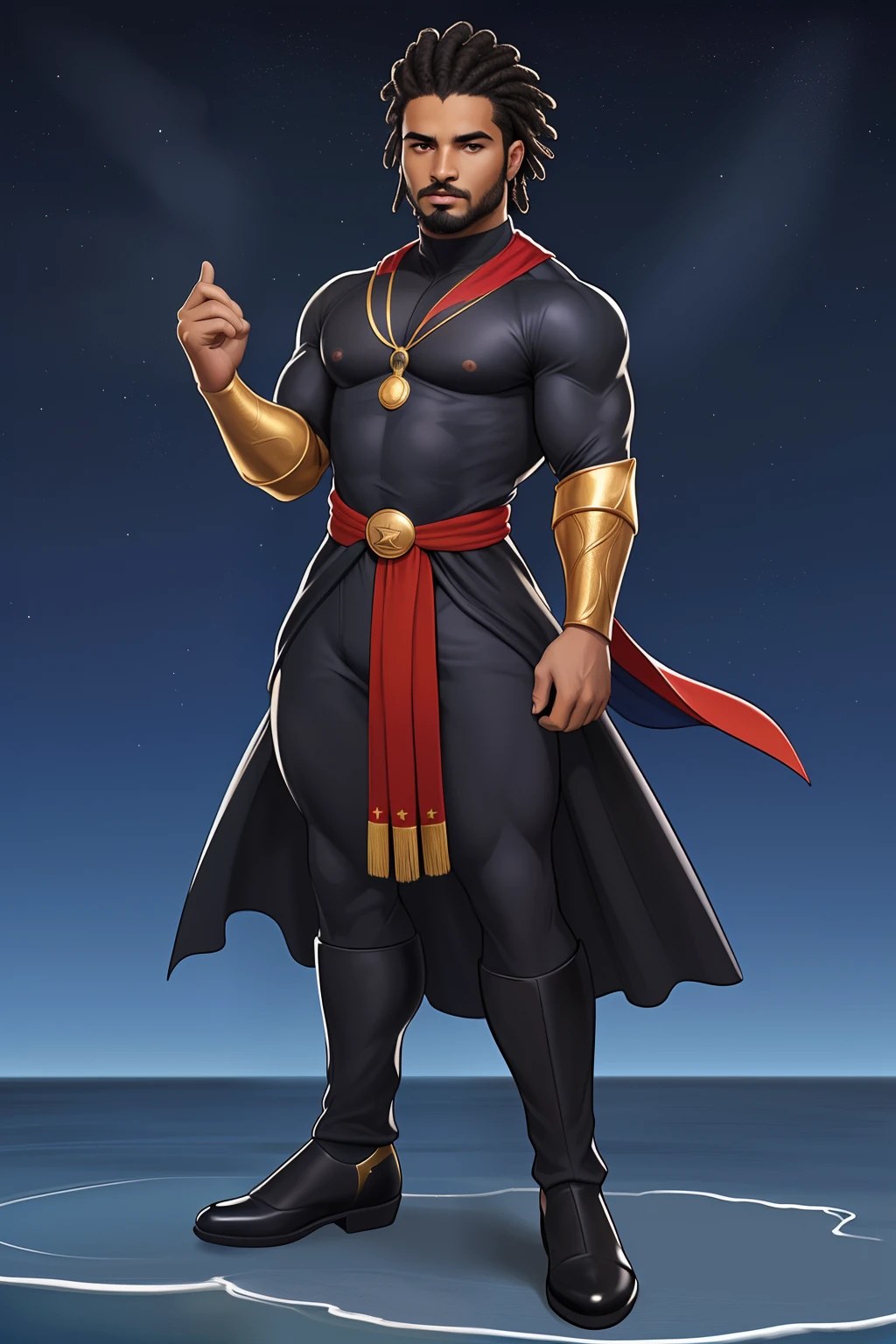 (( Moreno, imagem de um ninja negro  de cabelo afro cabelo caindo para frente, Rasta type but braided, Estilo Art Vista de Corpo Inteiro, plano completo, vista frontal, Vista lateral, vista traseira, de personagem, Multiple views and poses, various points of view, um personagem, corpo inteiro, personagem com menos, estilo de roupa, no mesmo Estilo de cabelo, less Type of footwear, strong full-body vision, plano completo, vista frontal, vista traseira, design de personagem, Multiple views and poses, various points of view, de um personagem, corpo inteiro,, personagem com mesmo, estilo de roupa, no mesmo Estilo de cabelo, same type of footwearThe route follows the cores of the Cape Verde flag. The top is deep blue, simbolizando o oceano que cerca as ilhas. The chest and the central part are white, representando a paz e a unidade do povo cabo-verdiano. The sleeves and legs are red, denoting determination and spirit, do 10 Estrelas Douradas, : Ten gold stars are prominently displayed at the top of the costume, ao longo do peito e ombros, representando as 10 principais ilhas de Cabo Verde. Cada estrela, It is carefully detailed and shines brightly against the background Star Belt A wide belt, also golden, is used in From))