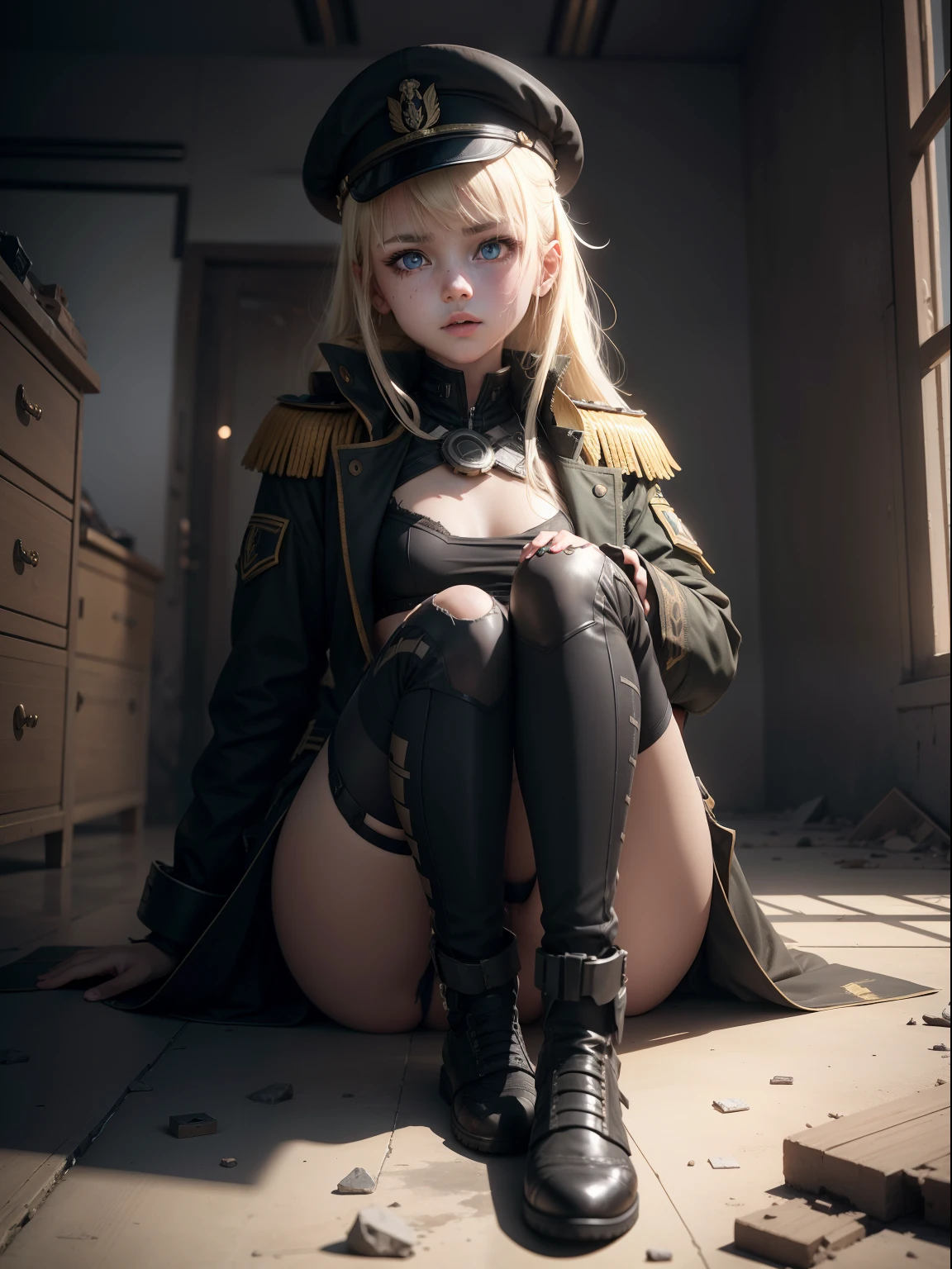 Destroyed towns,3 Ukrainian girls , Ukrainian anime girls , , Ukraine , Full body composition of young girl with messy bright blonde hair, eye make up, 13 year old, Soft lighting, Solo, Old torn dirty shabby futuristic military uniform, badges, Pose, Blotch color, Octane Render, Hyperrealistic intricate detail, Cinematic, 8K resolution, 70mm, Accent Lighting, Global Illumination, Full body portrait, clean detailed faces, intricate clothing, Cute face, flat chest, Slim waist, Slim legs, small hips,Black Special Forces Long Coat,Black beret,Sitting on the floor,Black panties,