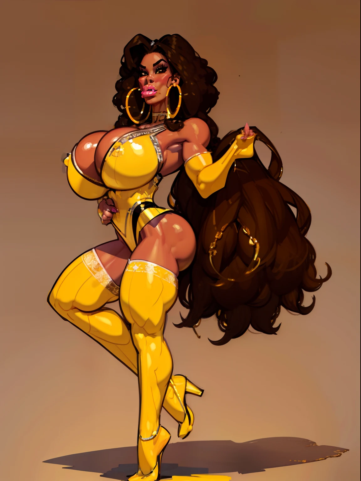 ((masterpiece)),(((best quality))),((character sheet)), ((full body view)) ((black woman)) ((afro combed to sides)) ((seductive pose)) mature face, defined cheekbones, high cheekbones, illustration, girl, muscular, ((afro:1.4)), sexy bimbo, (gigantic breasts:1.7) black hair, ((detailed face:1.4)) beautiful woman, (yellow leotard:1.4), (gold hoop earrings:1.6), (thighhighs:1.4) (yellow lipstick:1.5) , shiny skin, scribbles and marks,(puffy lips:1.5) , rough sketches, 8k,16k, (simple background, white background: 1.3), yellow and black color palette, brown legs, orange arms, (brown skin:1.7)