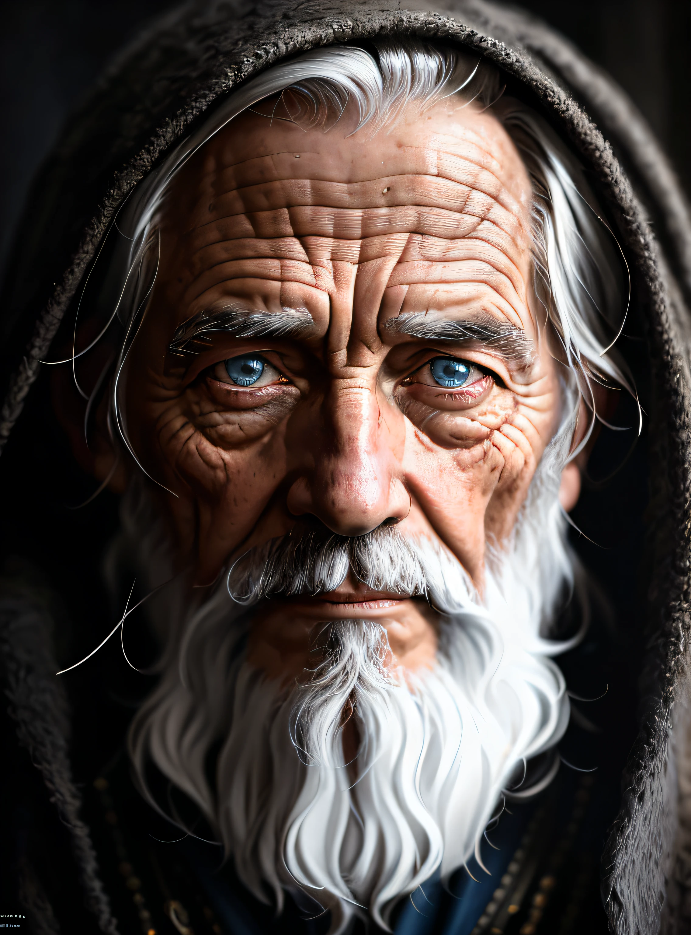 A portrait of a wizard, bearded, wrinkled, weathered, with piercing eyes, detailed face, high details, photography, dark studio, rim light, Nikon D850, 50mm, f/1.4