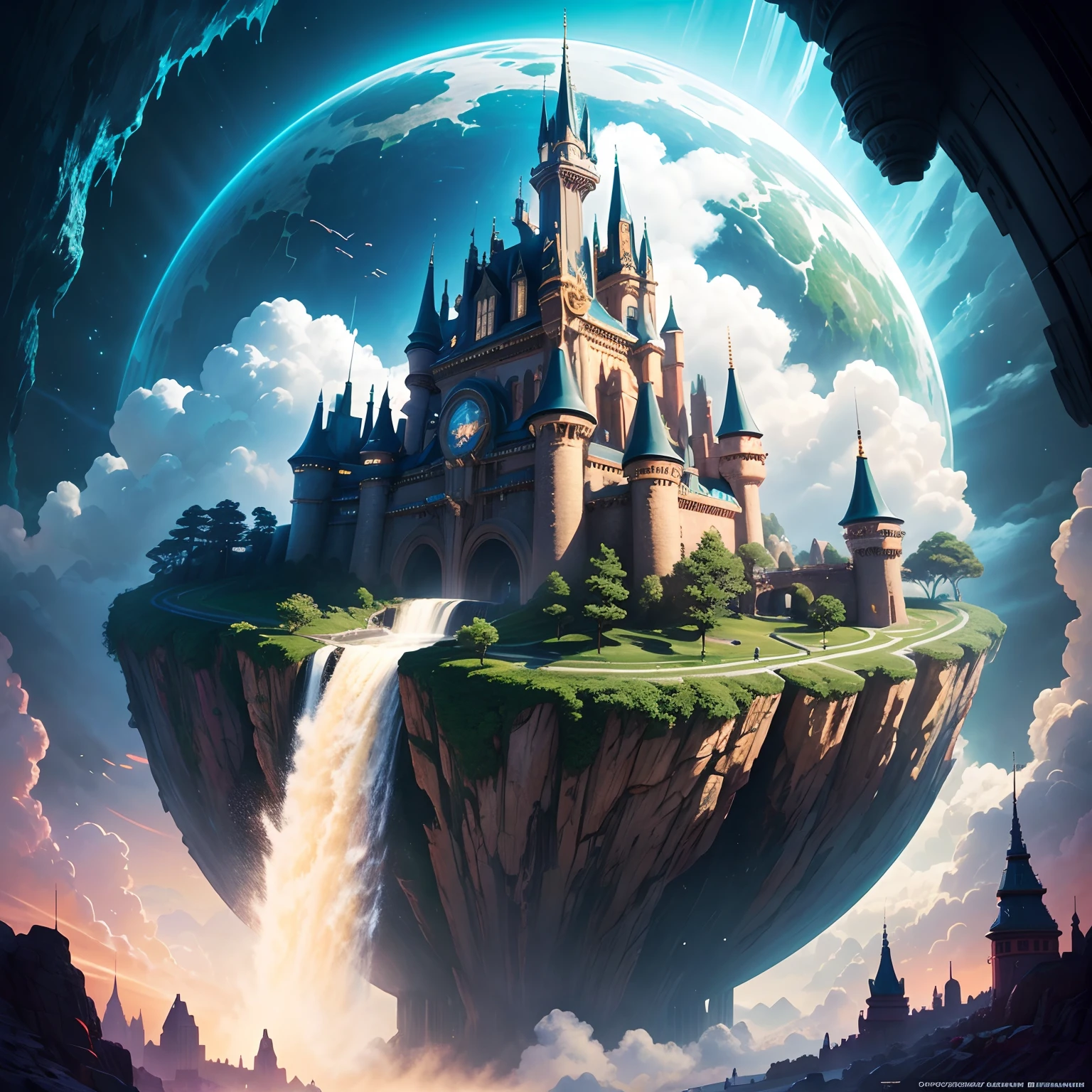 cyberpunked、Epcot，planet earth，Super huge castle，Super huge waterfall，great outdoors，on clouds，ＳＦart by，​masterpiece，超A high resolution，dream，Fantasia，𝓡𝓸𝓶𝓪𝓷𝓽𝓲𝓬，​masterpiece，
