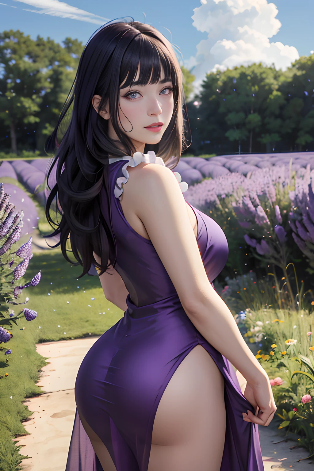 masterpiece, absurdres, hinata\(boruto\), 1girl, solo,mature female, purple falling tight satin dress, transparent body, outdoors,lavender flower field, looking at viewer, (falling petals), cloudy sky, perfect composition, detailed lips, big breast, beautiful face, body propotion, blush, (pink lips), long hair, purple eyes, soft gaze, sad smile, super realistic, detailed, photoshoot, realistic face and body, realistic hair, realistic eyes, realistic nose, realistic lips, ((erect, emerge, streak)), butt to camera, emohasized ass