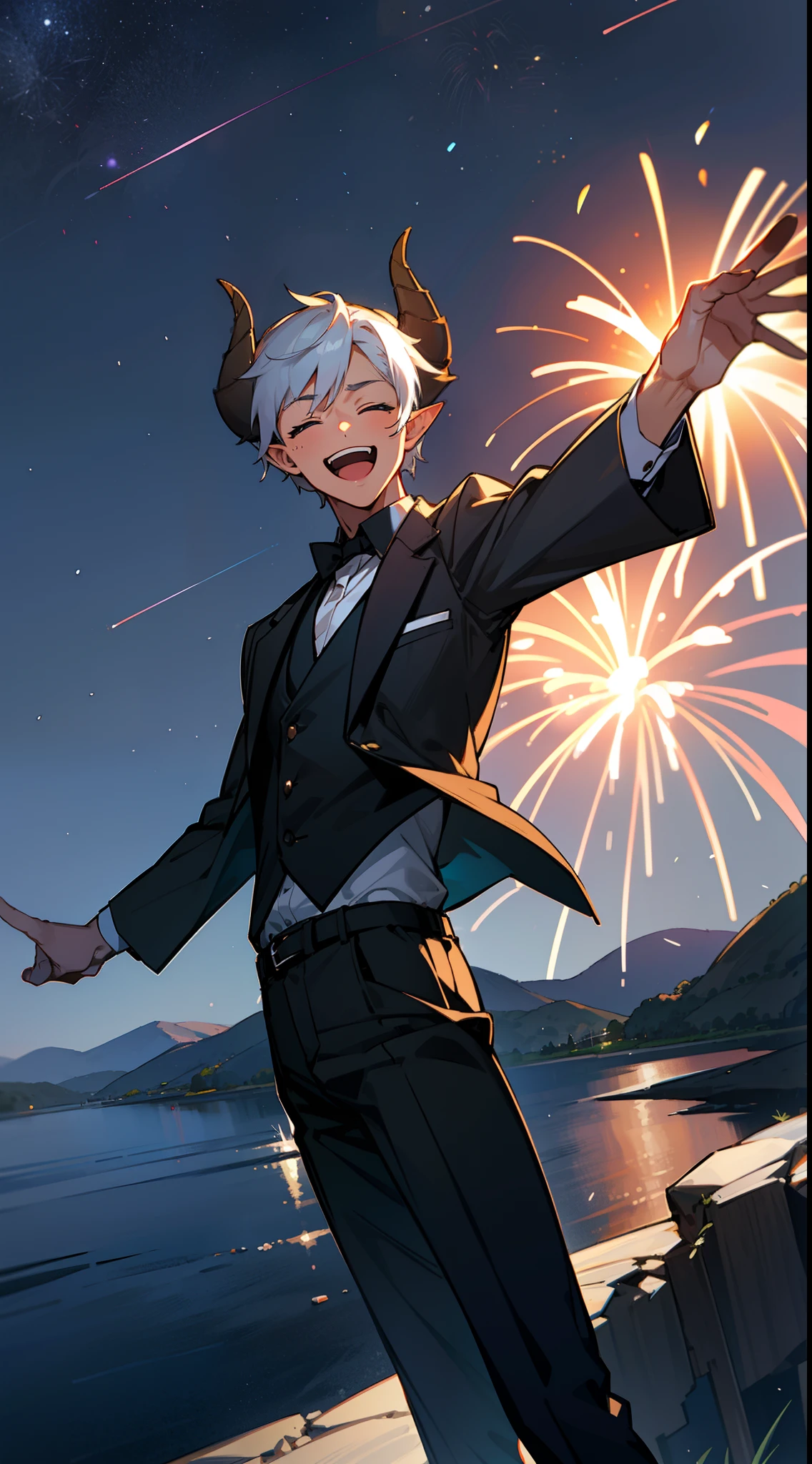 1boy,solo,happy,(tanned skin,medium body,male face),wearing a black blazer,black shirt,tight shirt,black tie,black pants,Short hair,white hair,closed eyes,elves ears,black horns,high on a cliff at night, night,standing with arms outstretched,smile,open mouth,loonking to the viewer,starry sky,fireworks,festival,masterpiece,hd,8k,best quality,ultra quality