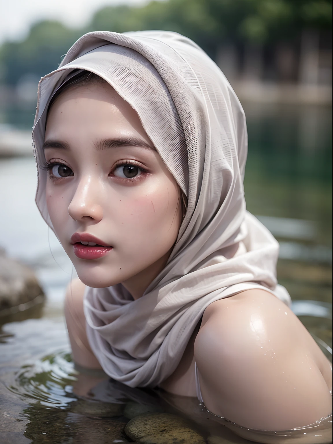 jeune fille malaise, Visage malais, nu, le hijab, beaux seins, (Details of a very beautiful face), Portez un le hijab de couleur pastel, detail skin texture,  (Best quality:1.4), 8k resolution, High resolution, (photoreallistic, High resolution:1.4), Photo brute, (Realstic, photoreallistic, Gloss on lips, lips parted, Me regarder, nez, Realstic, Les bois, lighting cinematic, Take a bath in the river, WET BODY, wet face,