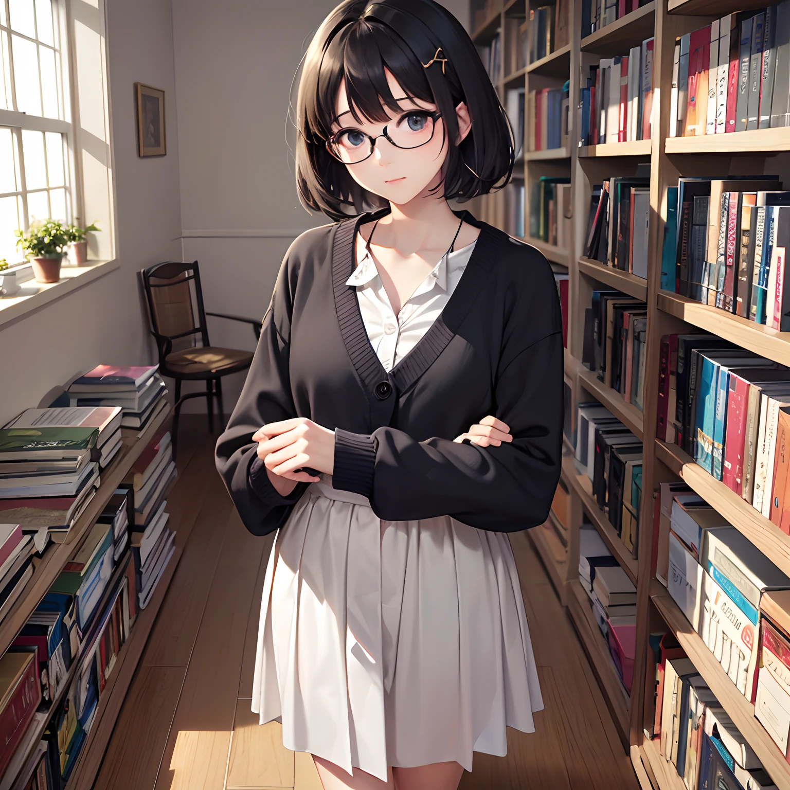 masterpiece、top-quality、High-quality images、hight resolution、8K、1lady、Photorealsitic、detaileds、Detailed eye depiction、skin gloss、Lustrous hair、((Black short-haired、More disheveled hair、I'm wearing round glasses、Emotional manifestation:1.3))、Narrow old room、many bookshelves、Books piled on the floor、Pile of used books、Its name is Monaca Kashino、obedient character、Not very confident、real face、care、Good posture、Long skirt、Cardigans in muted colors、bare-legged、 Coming home from work、 It seems that something is understood, but it doesn't seem to be understood.、It's hard to speak, but I'll manage、By the way、Can I open an Instagram for Monacachan??