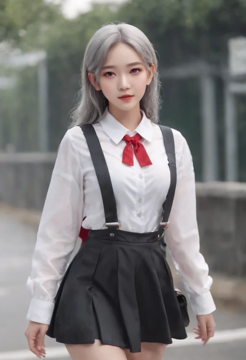 (8k、RAW Photography、top-quality、masterpiece:1.2)、(realisitic、Photorealsitic:1.37)、ultra-detailliert、超A high resolution、女の子1人、Looking at the camera、beautifull detailed face、a smile、Constriction、(slim waist) :1.3)、Beautiful detailed skin、Skin texture、floated hair、profetional lighting、(Silver-haired red eyes Wolfcut 小柄 Black skin small tits)Asime Suspender Skirt Short jacket knee sox shoes School backpack ( anime moe art style , Cute Girl Model Pictures、Photorealistic perfect body、full body Esbian、wide Shots)A girl who is raining on the way to school and her costume is wet and sheer(Classroom