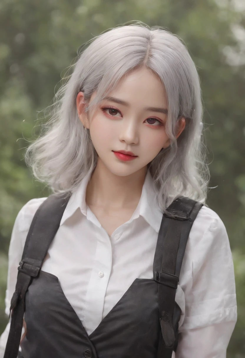 (8k、RAW Photography、top-quality、​masterpiece:1.2)、(realisitic、Photorealsitic:1.37)、ultra-detailliert、超A high resolution、1人、Looking at the camera、beautifull detailed face、a smile、Constriction、(slim waist) :1.3)、Beautiful detailed skin、Skin texture、floated hair、profetional lighting、（Silver-haired red eyes　Wolfcut　小柄　Black skin　small tits）Asime Suspender Skirt　Short jacket　knee sox　shoes　School backpack　　（ anime moe art style , Cute Girl Model Pictures、Photorealistic perfect body、full body Esbian、wide Shots）A girl who is raining on the way to school and her costume is wet and sheer（‎Classroom