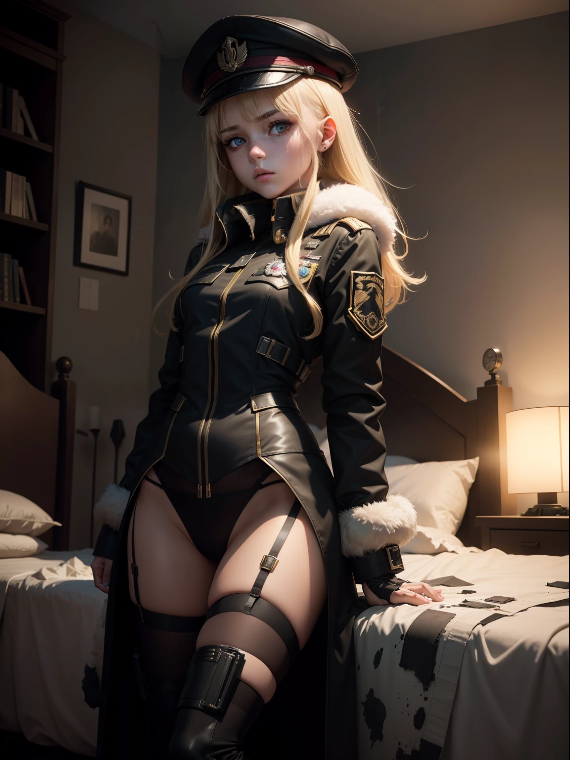 Destroyed towns,3 Ukrainian girls , Ukrainian anime girls , , Ukraine , Full body composition of young girl with messy bright blonde hair, eye make up, 13 year old, Soft lighting, Solo, Old torn dirty shabby futuristic military uniform, badges, Pose, Blotch color, Octane Render, Hyperrealistic intricate detail, Cinematic, 8K resolution, 70mm, Accent Lighting, Global Illumination, Full body portrait, clean detailed faces, intricate clothing, Cute face, flat chest, Slim waist, Slim legs, small hips,Black Special Forces Long Coat,Black beret,Lying in bed,Black panties,