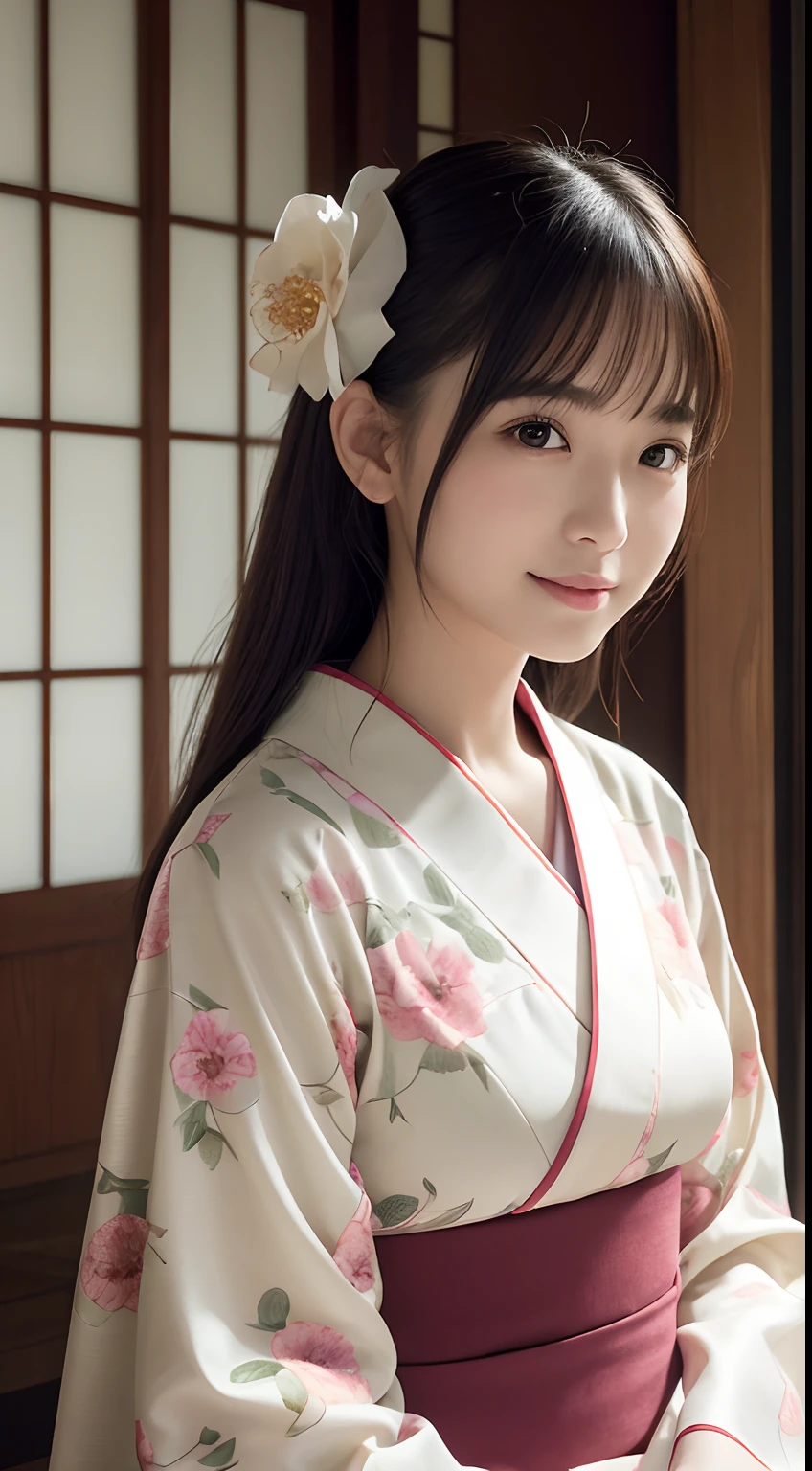 (Photorealsitic:1.4), (Top image quality:1.0), (超A high resolution:1.0), 8K, Raw photography, (masterpiece:0.2), (pureerosface_v1:0.5)、(Best Quality Detail:1.2)、realisitic、8K UHD、hight resolution、(1girl in:1.2)、The ultra-detailliert、High quality textures、intricate detailes、detaileds、Very detailed CG、High quality shadows、Detail Beautiful delicate face、Detail Beautiful delicate eyes、depth of fields、Ray traching,1girl in, japanaese girl, Cute, slender, Kimono with Japanese pattern,Floral scrunchie, Beautiful skin, Facing the front,Sit down, Sit upright and say thank you,Align your hands elegantly,Smile faintly The Land of Japan,Japanese garden,Luxury Japanese-style room, skyporn, Magic Hour, (Realistic:1.3), Finely detailed, quality, (masutepiece:1.2), (Photorealistic:1.2), (Best Quality), (Intricate details), Dramatic, Ray tracing, photograph, +Lola