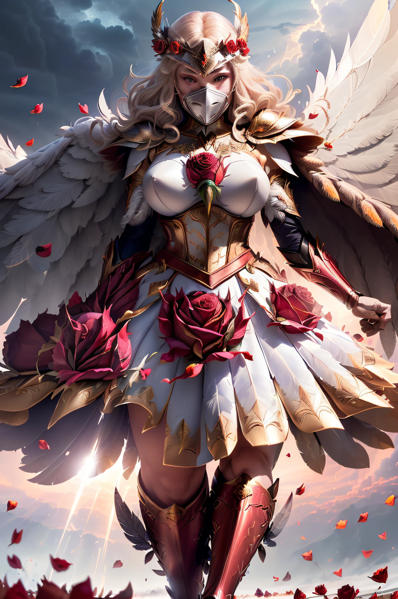 ((holding a super huge and heavy scepter)), silver quaint and heavy armor, super thick helmet with small wings on both sides, (((smooth mask)), wrapped all body, ((red cape)), ((beautiful six-winged battle angel woman)), handsome face, full body perspective, (((pillar of light)), (((feathers)), ((heavy clouds at your feet)), (((rose petals falling))), stereoscopic perspective, master works, facial details, super fine, 16k resolution, high quality, cinematic lighting, High detail, dynamic perspective, detailed, epic shooting