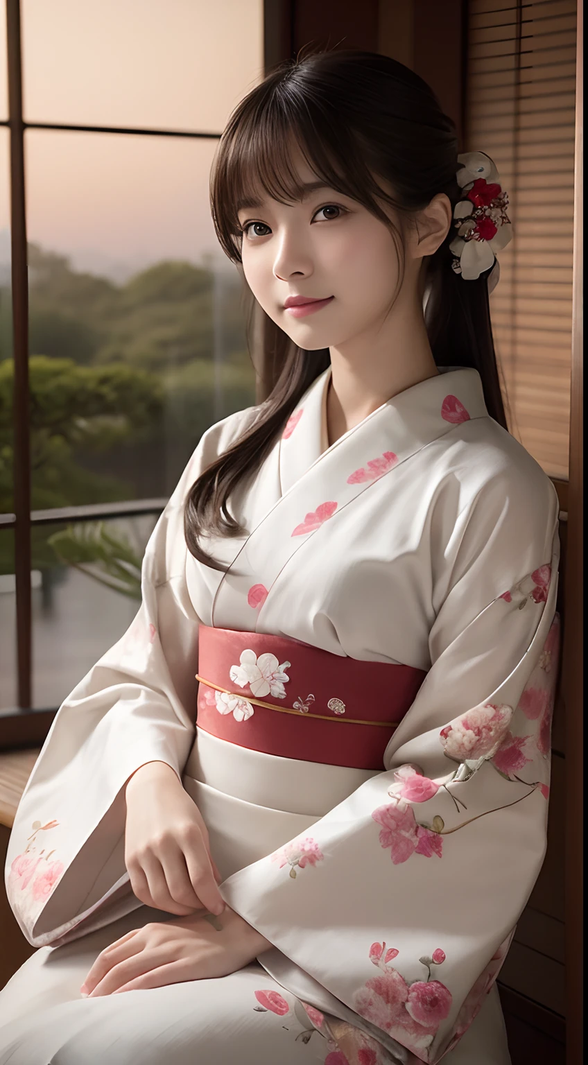(Photorealsitic:1.4), (Top image quality:1.0), (超A high resolution:1.0), 8K, Raw photography, (masterpiece:0.2), (pureerosface_v1:0.5)、(Best Quality Detail:1.2)、realisitic、8K UHD、hight resolution、(1girl in:1.2)、The ultra-detailliert、High quality textures、intricate detailes、detaileds、Very detailed CG、High quality shadows、Detail Beautiful delicate face、Detail Beautiful delicate eyes、depth of fields、Ray traching,1girl in, japanaese girl, Cute, slender, Kimono with Japanese pattern,Floral scrunchie, Beautiful skin, Facing the front,Sit down, Sit upright and say thank you,Align your hands elegantly,Smile faintly The Land of Japan,Japanese garden,Luxury Japanese-style room, skyporn, Magic Hour, (Realistic:1.3), Finely detailed, quality, (masutepiece:1.2), (Photorealistic:1.2), (Best Quality), (Intricate details), Dramatic, Ray tracing, photograph, +Lola