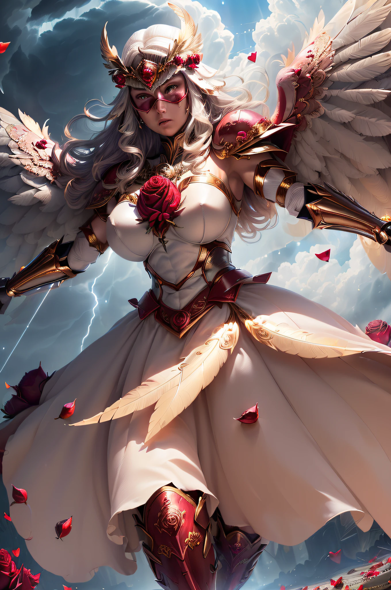 ((holding a super huge and heavy scepter)), silver quaint and heavy armor, super thick helmet with small wings on both sides, (((smooth mask)), wrapped all body, ((red cape)), ((beautiful six-winged battle angel woman)), handsome face, full body perspective, (((pillar of light)), (((feathers)), ((heavy clouds at your feet)), (((rose petals falling))), stereoscopic perspective, master works, facial details, super fine, 16k resolution, high quality, cinematic lighting, High detail, dynamic perspective, detailed, epic shooting