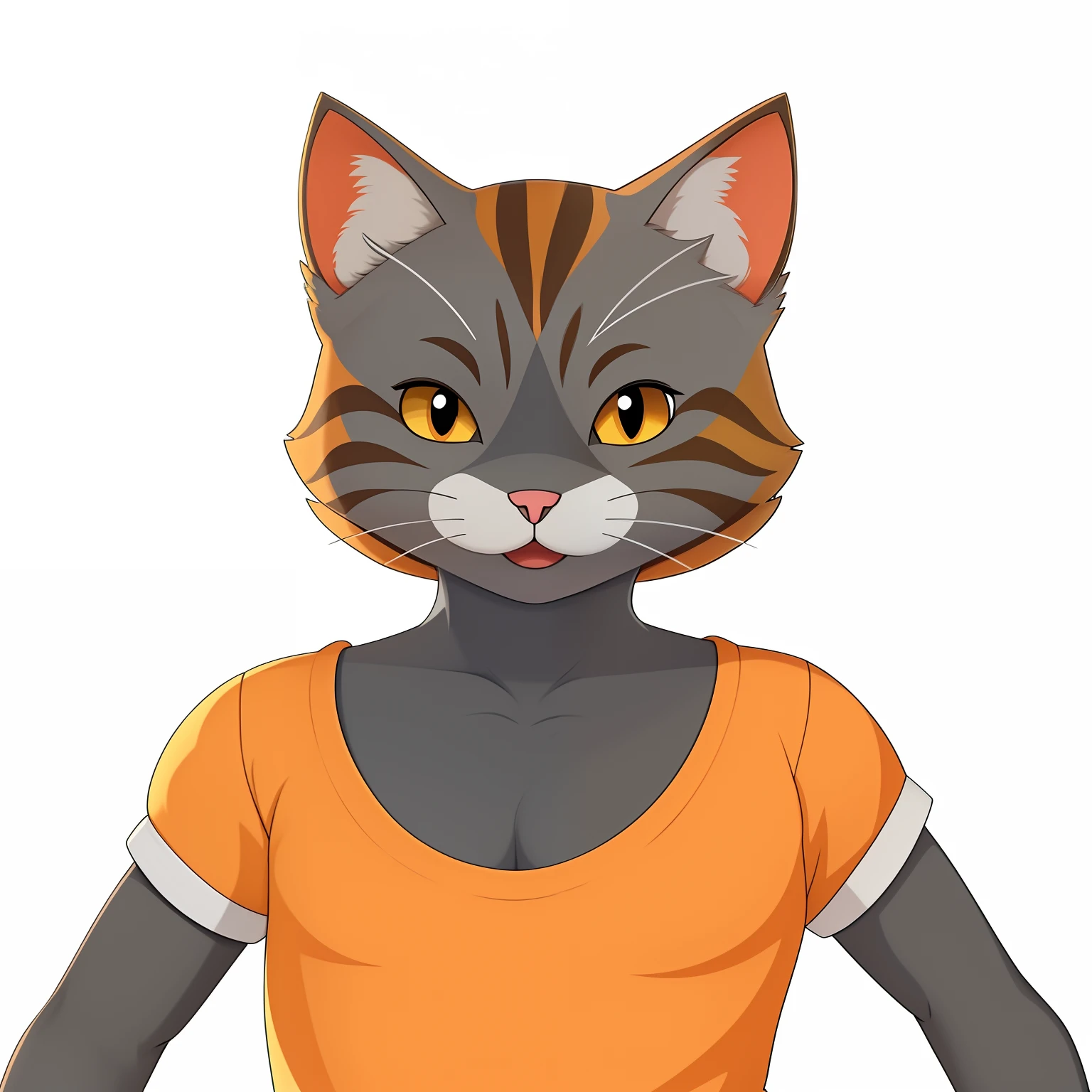 There is a cat with a shirt and a shirt, anthropomorphic female cat, Avatar da parte superior do corpo, Woman / cat hybrid, the cat is orange, human cat hybrid, gato atraente, sem linha, gatinha, um gato antro, Avatar do jogo 2D do corpo superior, anthropomorphic cat, Gato Anime, gatinha jovem bonita
