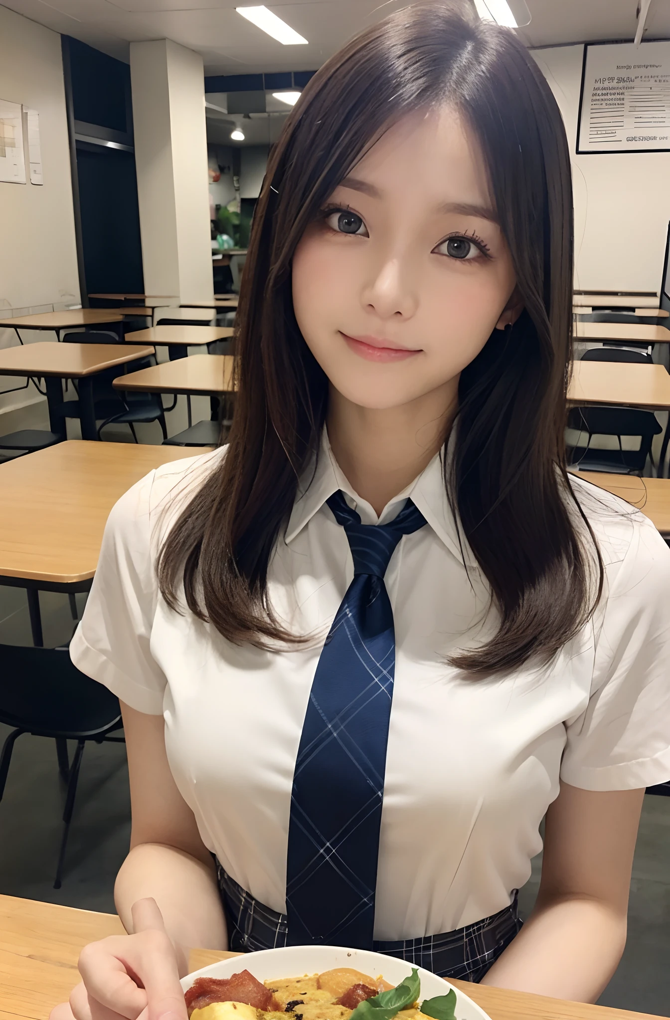 (masutepiece:1.5)、(top-quality:1.5)、(16k wallpaper:1.2)、(Photorealsitic:1.2)、(ultra-detailliert:1.2)、(超A high resolution:1.2)、super-detaild skin、Detailed and clean eyes、(Multiple men:1.2)、Natural Color Lip、Inside the cafeteria、Sitting on a chair、Japan 18-year-old woman、White short sleeve uniform、Grey Plaid Mini Skirt、(Dark blue tie)、Semi-long bob hair、large full breasts、Delicious looking face、Eat curry