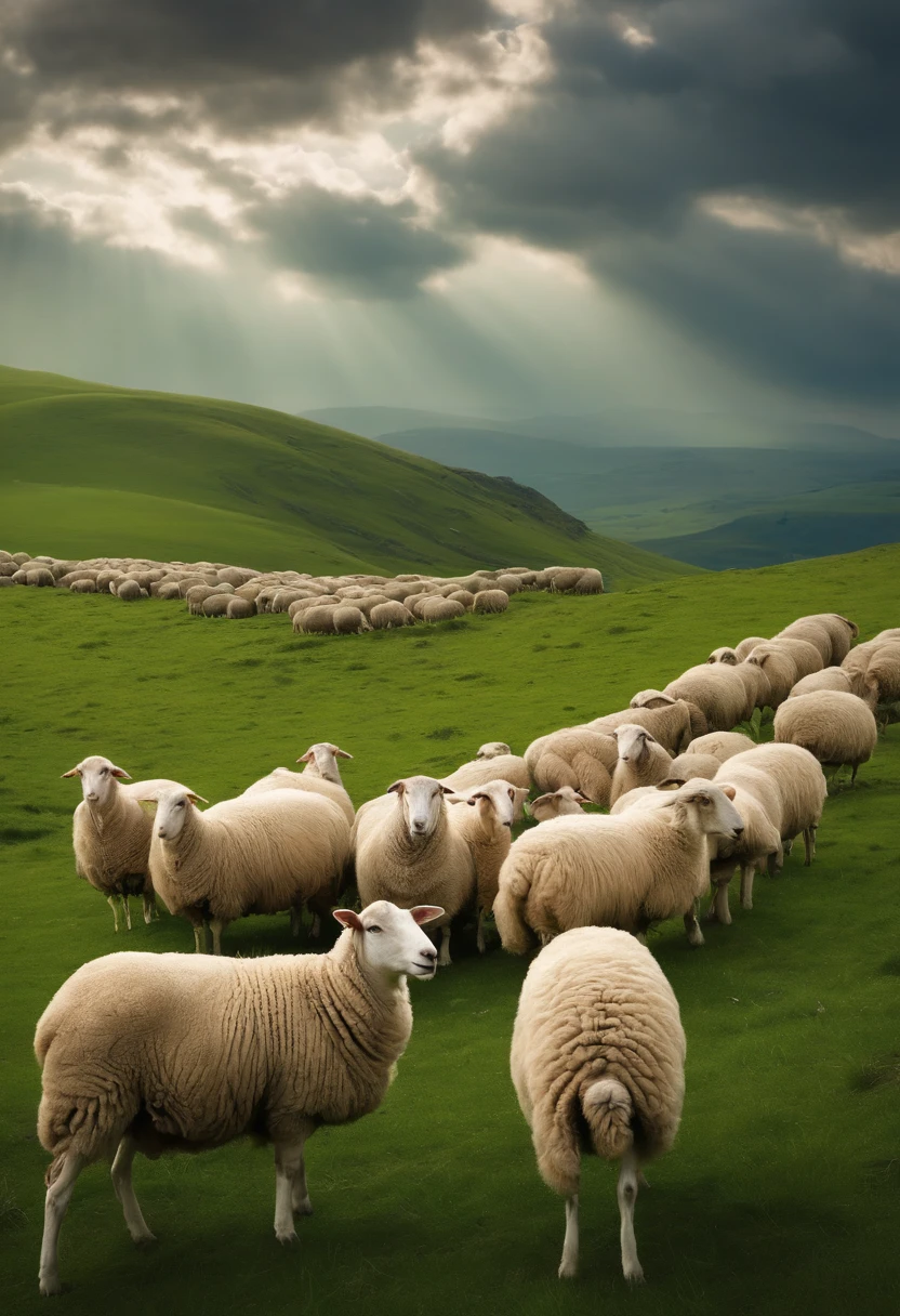 Ultra realistic biblical image that conveys the shepherd and his sheep in a green field referring to Psalm 22 in 8k format