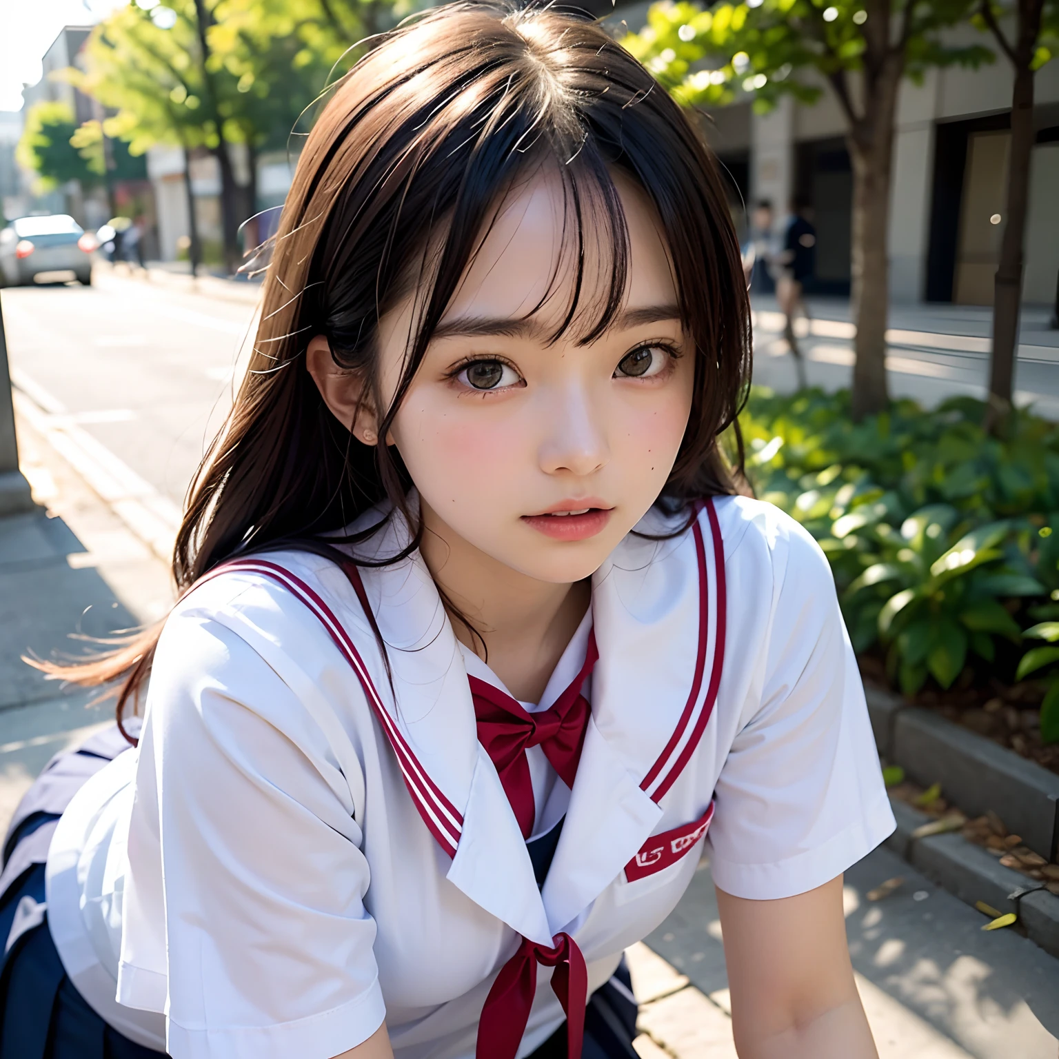 (masutepiece, Best Quality:1.2), 8K, Official art, Raw photo, unbelievable Ridiculous, (Upper body, Sailor suit on top、Panties underneath、serafuku:1.4), Beautiful Girl, Pretty Face, arching back down, Navy pleated skirt, all-fours、cute panty、Gold hair ornament on hair、close up, School uniform, Short sleeve, gardenia, violaceaess, Teen, Street, Looking at Viewer, Film grain, chromatic abberation, Sharp Focus, face lights, Dynamic lighting, Cinematic lighting, Eyes and faces with detailed, Bokeh background, (1 dark red bow tie:1.2)