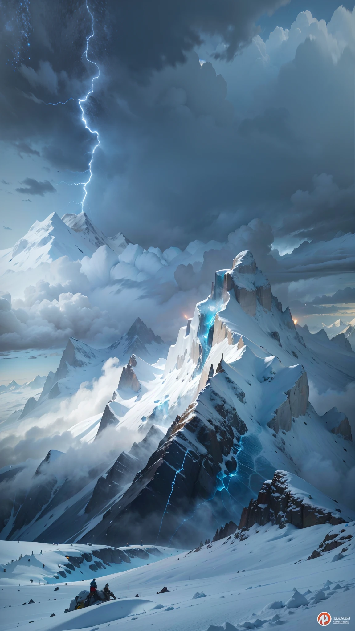 (best quality,4k,8k,highres,masterpiece:1.2),ultra-detailed,(realistic,photorealistic,photo-realistic:1.37),epic,adventurous,breathtaking mountain peak,mighty snow-capped mountains,daring climbers,battle against nature's fury,treacherous storm,brave souls,perilous journey,majestic and unforgiving snow-covered terrain,intense wind and snow,lush green valleys below,raging blizzard,thunderous claps of thunder and flashes of lightning,menacing dark clouds,powerful gusts of wind,snowflakes swirling in the air,icy cold and biting wind,struggling against the elements,courage and determination,unyielding spirit,harsh and unforgiving conditions,sturdy climbing gear and warm clothing,faces lit up with determination and grit,exhilaration and fear mixed together,crisp and clean mountain air,isolated and majestic beauty,majestic snow-capped peaks piercing the sky,adrenaline pumping in their veins,awe-inspiring panoramic view of the mountain range,icy crystals clinging to the climbers' clothes and equipment,the thrill of conquering the summit,humans challenging the forces of nature,endless expanse of white and blue,the realization of the raw power of nature.