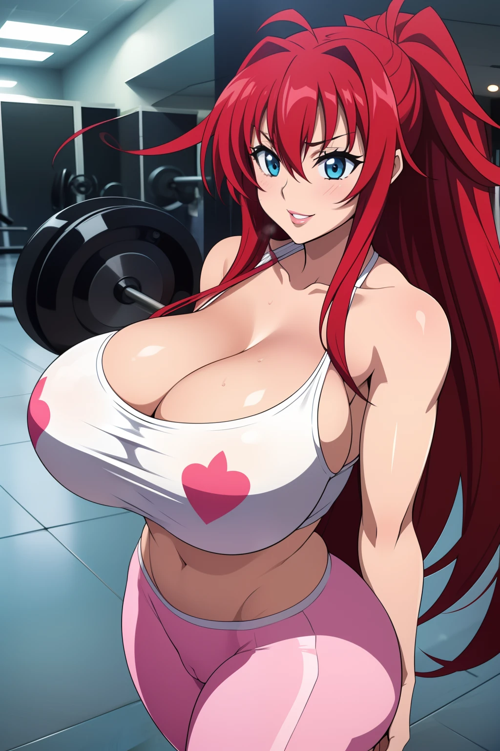 Highschool dxd, Rias Gremory, 1girl, (((bimbo))), long red hair, blue eyes, puffy lips, painted lips, thick lips, wide hips, thick thighs, big breast, huge ass, revealing cleavage, erotic, Smile face, bubble butt, camel toe, hanging breasts, in the gym, lifting weights, pink yoga pants, white top, huge breasts, sweat,