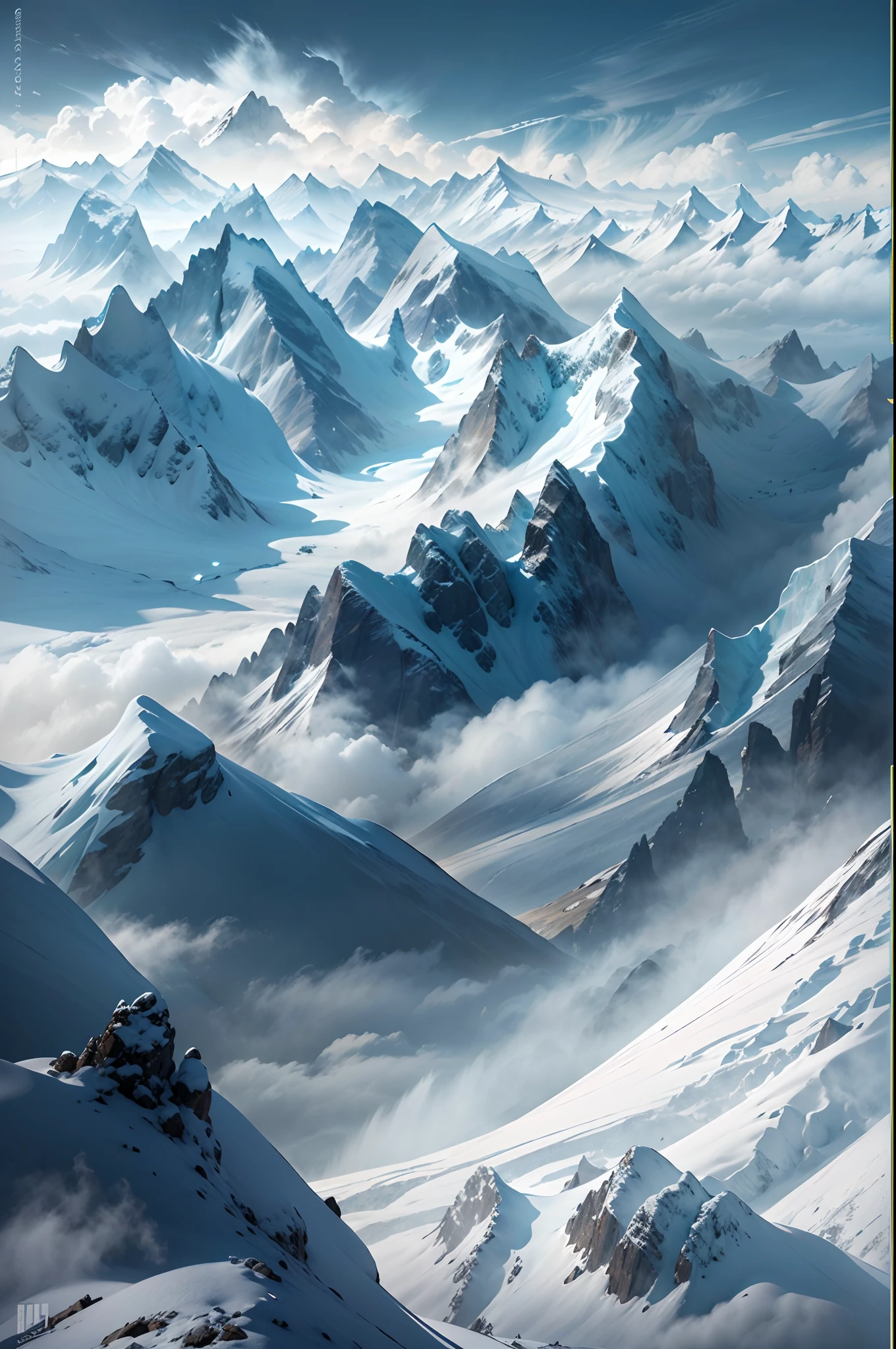 (Best quality,4K,8K,A high resolution,Masterpiece:1.2),Ultra-detailed,(Realistic,Photorealistic,photo-realistic:1.37),Epic,Adventurous,Breathtaking mountain peaks,Towering snow-capped mountains,Bold climber,Fight against the wrath of nature,Sinister storm,brave souls,A dangerous journey,Majestic and unforgiving snow-capped terrain,Heavy winds and snow,Lush green valley below,A raging blizzard,Thunderous claps and lightning,Menacing clouds,powerful gusts,Snowflakes swirl in the air,Icy wind,Fight against the elements,Courage and determination,unyielding spirit,Harsh and unforgiving conditions,Sturdy mountaineering gear and warm clothing,The face is full of determination and courage,Excitement and fear mixed,Fresh and clean mountain air,Isolated and majestic beauty,Majestic snow-capped peaks pierce the sky,Adrenaline pumps in their blood vessels,Awesome panoramic views of the mountains,Icy crystals cling to climbers' clothing and equipment,The thrill of conquering the pinnacle,Humans challenge the forces of nature,Endless white and blue,Realize the raw power of nature.