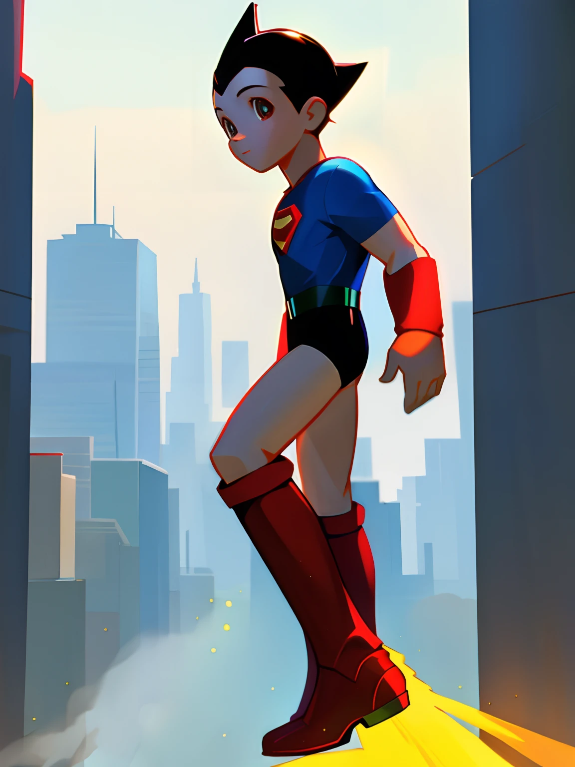 a full body shot of Astro Boy in red boots, blue t-shirt shirt with Superman S, 4k, 8k, high quality, detailed, walking down city facing viewer