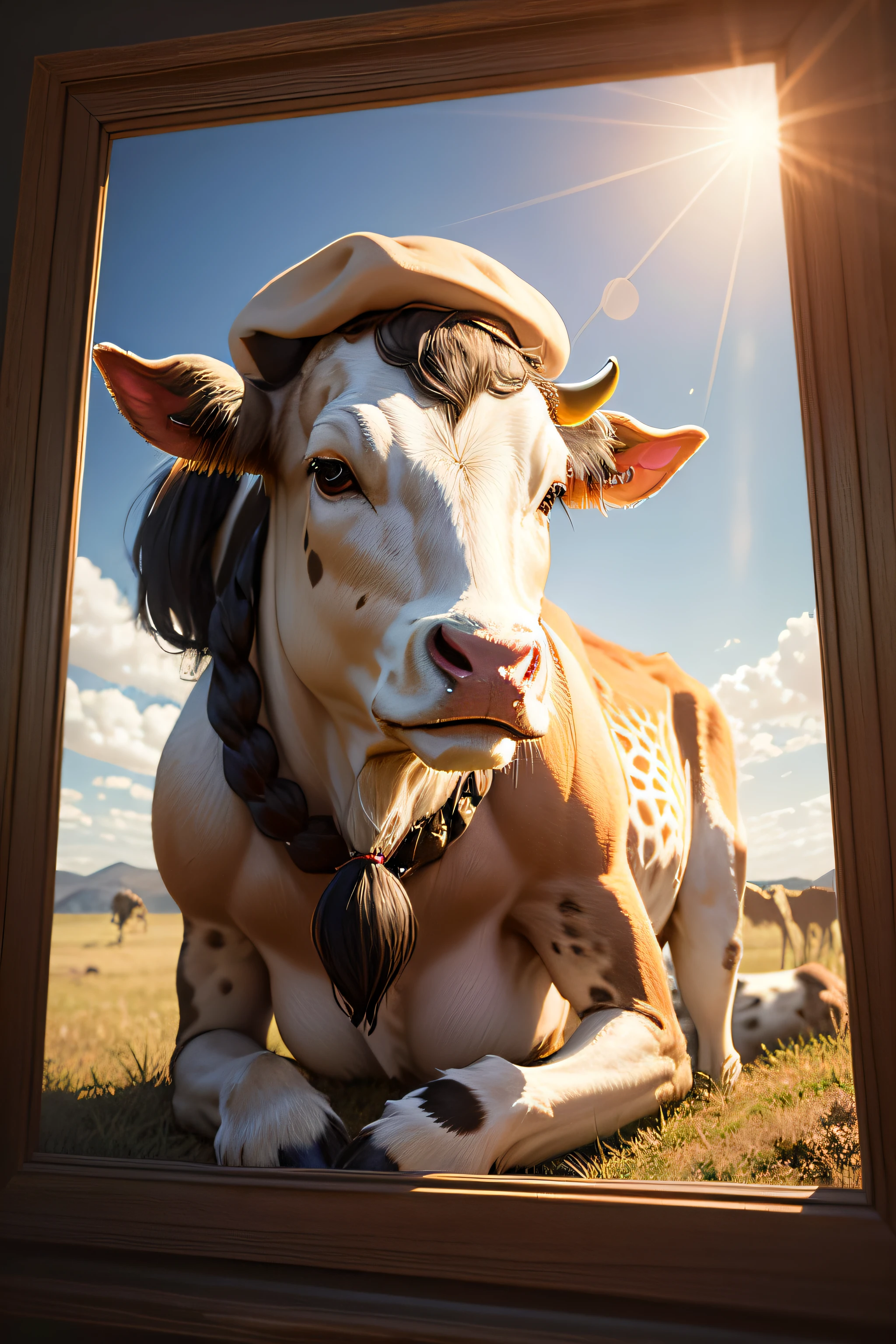 A cow, Graze leisurely in the savannah, beret, raised eyebrows, cow ears, smile, Surrealism, chiaroscuro, framed, first-person view, lens flare, UHD