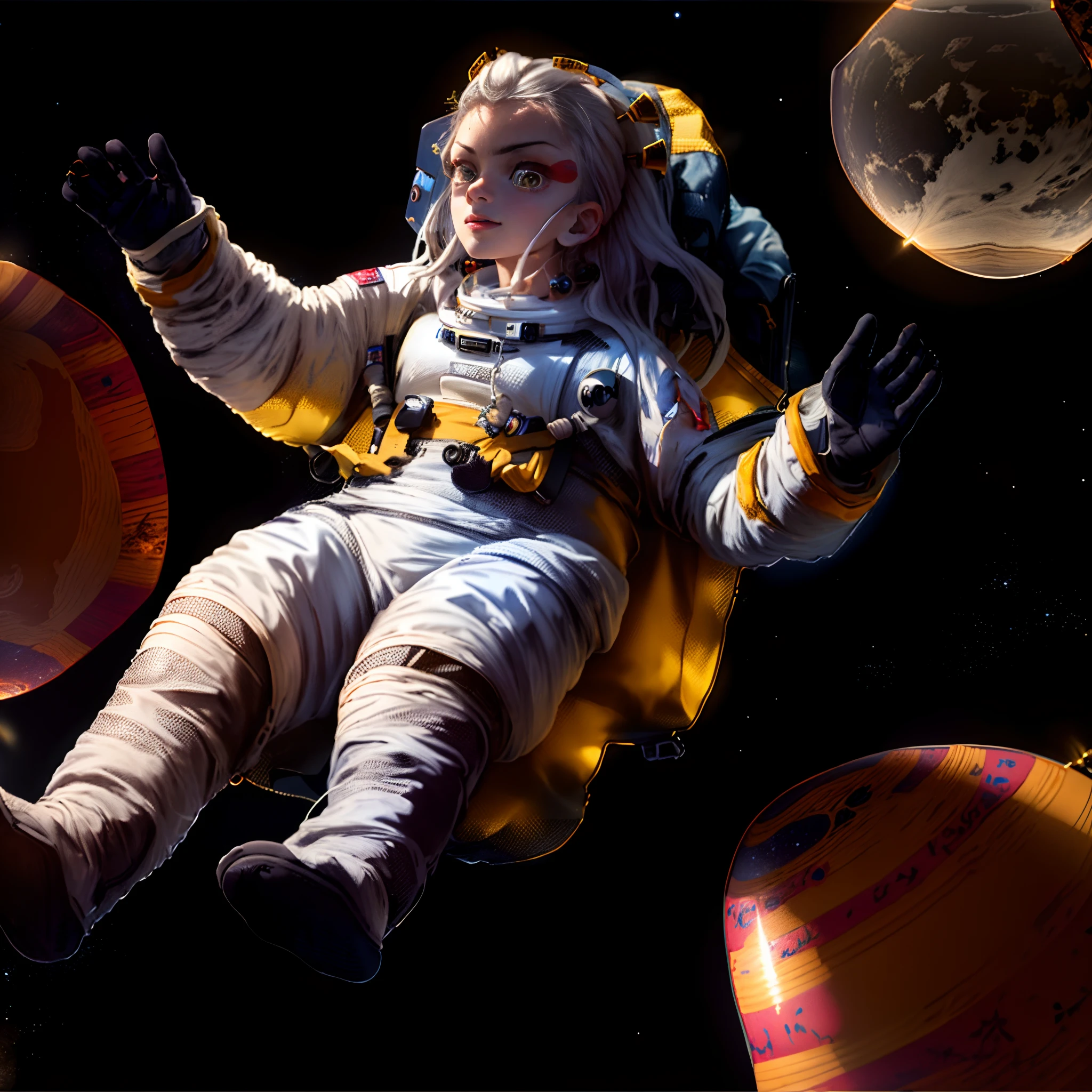 masterpiece, best quality, DakiV4, 1girl, solo, short hair, whiter hair, yellow eyes, hair ornament, astronaut floating in space with planets and planets in the background, girl in space, floating in outer space, floating in space, in space suit