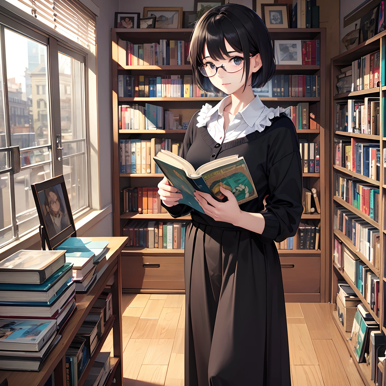 masterpiece、top-quality、High-quality images、hight resolution、8K、1lady、Photorealsitic、detaileds、Detailed eye depiction、skin gloss、Lustrous hair、((Black short-haired、More disheveled hair、I'm wearing round glasses、Emotional manifestation:1.3))、Narrow old room、many bookshelves、Books piled on the floor、Pile of used books、Its name is Monaca Kashino、obedient character、Not very confident、real face、care、Good posture、Long skirt、Cardigans in muted colors、bare-legged、 Coming home from work、 Monacachan、If you can see it on Instagram, take a look.、I would also like to generate images for comics, so thank you.