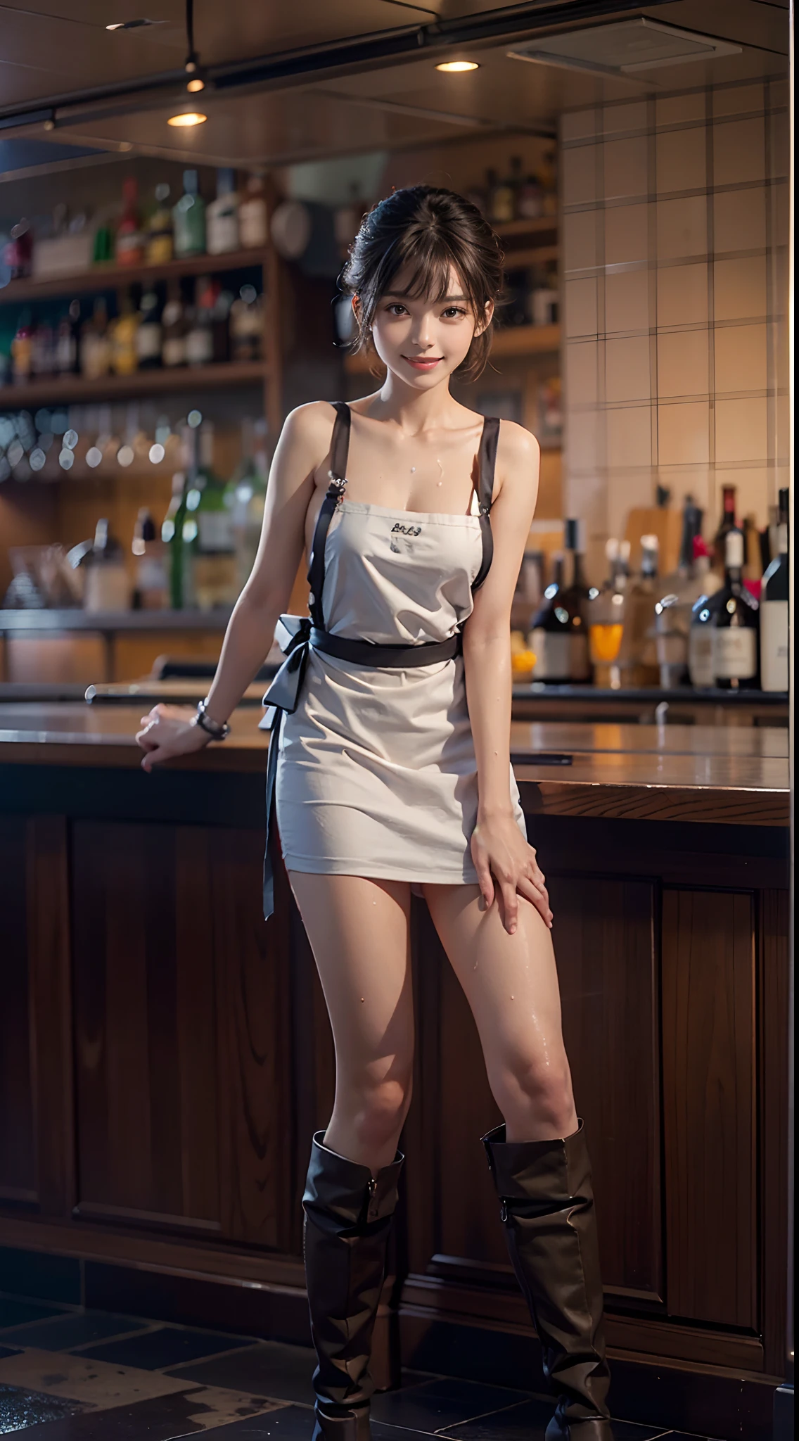 (NSFW), 1womanl, Solo, 24 year old, 7headed body, (cute  face), (Ideal ratio body proportions), a bar counter, ((fullnude)), Apron on naked, Sexy body, Wet, Smiling smile, short-hair, Dark hair, small tits, A slender, Small buttocks, beauty legs, Skinny Legs, surrealism, Cinematic lighting, depth of fields, One-person viewpoint, F/1.8, 135 mm, nffsw, masutepiece, ccurate, ((Anatomically correct)), Textured skin, Super Detail, high details, High quality, awardwinning, Best Quality, hight resolution, 8K