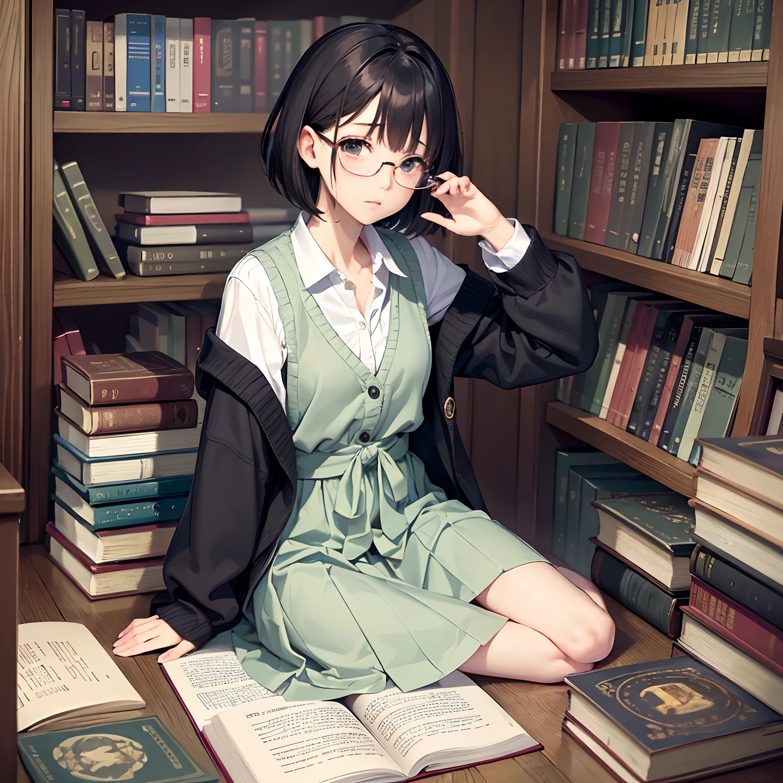 masterpiece、top-quality、High-quality images、hight resolution、8K、1lady、Photorealsitic、detaileds、Detailed eye depiction、skin gloss、Lustrous hair、((Black short-haired、More disheveled hair、I'm wearing round glasses、Emotional manifestation:1.3))、Narrow old room、many bookshelves、Books piled on the floor、Pile of used books、Its name is Monaca Kashino、obedient character、Not very confident、real face、care、Good posture、Long skirt、Cardigans in muted colors、bare-legged、 Coming home from work、 Monacachan、If you can see it on Instagram, take a look.、I would also like to generate images for comics, so thank you.