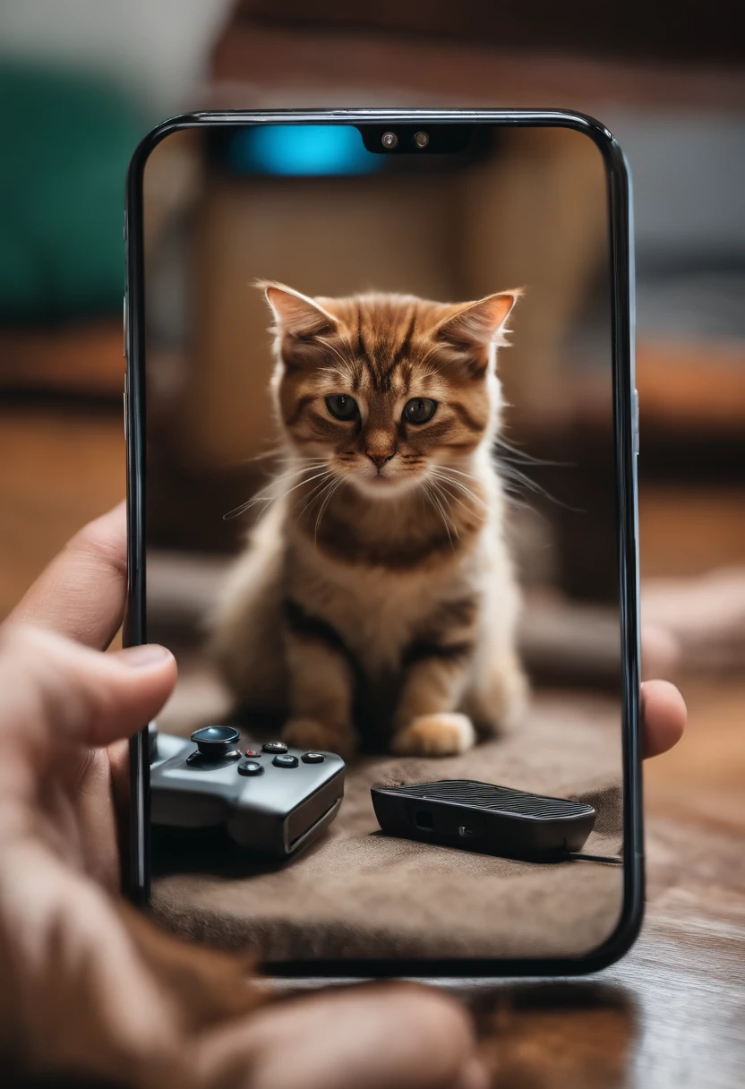 A cat playing pubg game in phone,