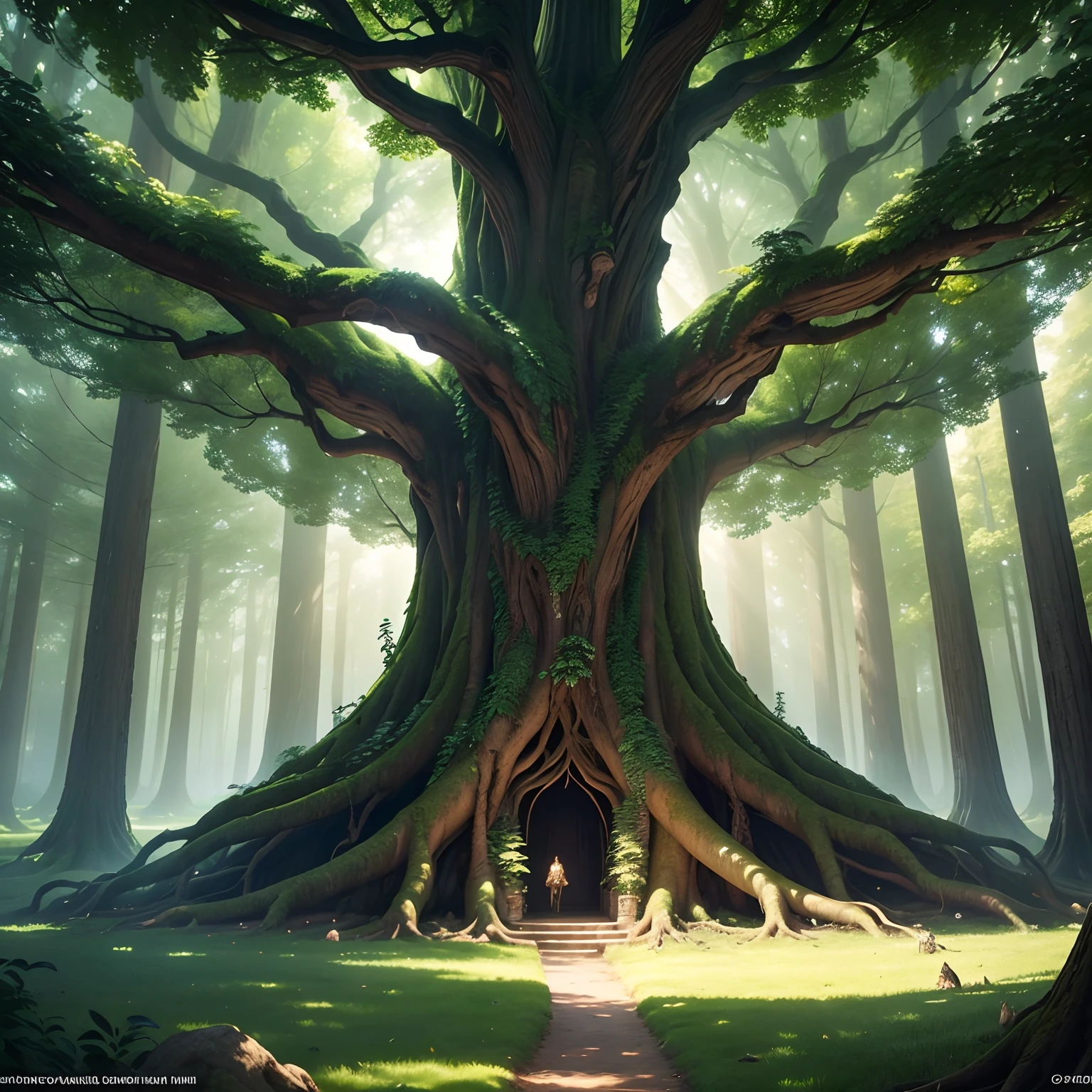 a colossal, sentient tree at the heart of an ancient, mystical grove. This tree, known as the 'Tree of Ages,' is adorned with luminescent leaves that emit a soft, ethereal glow. Its roots reach deep into the earth, connecting it to the knowledge and memories of centuries past. The grove around it is a sanctuary of natural wonders, with glowing flora and creatures that appear to be guardians of this sacred place. As dawn breaks, the first rays of sunlight filter through the leaves, illuminating the Tree of Ages and filling the grove with a sense of rejuvenation. Capture the majestic and timeless presence of the Tree of Ages and its enchanted grove