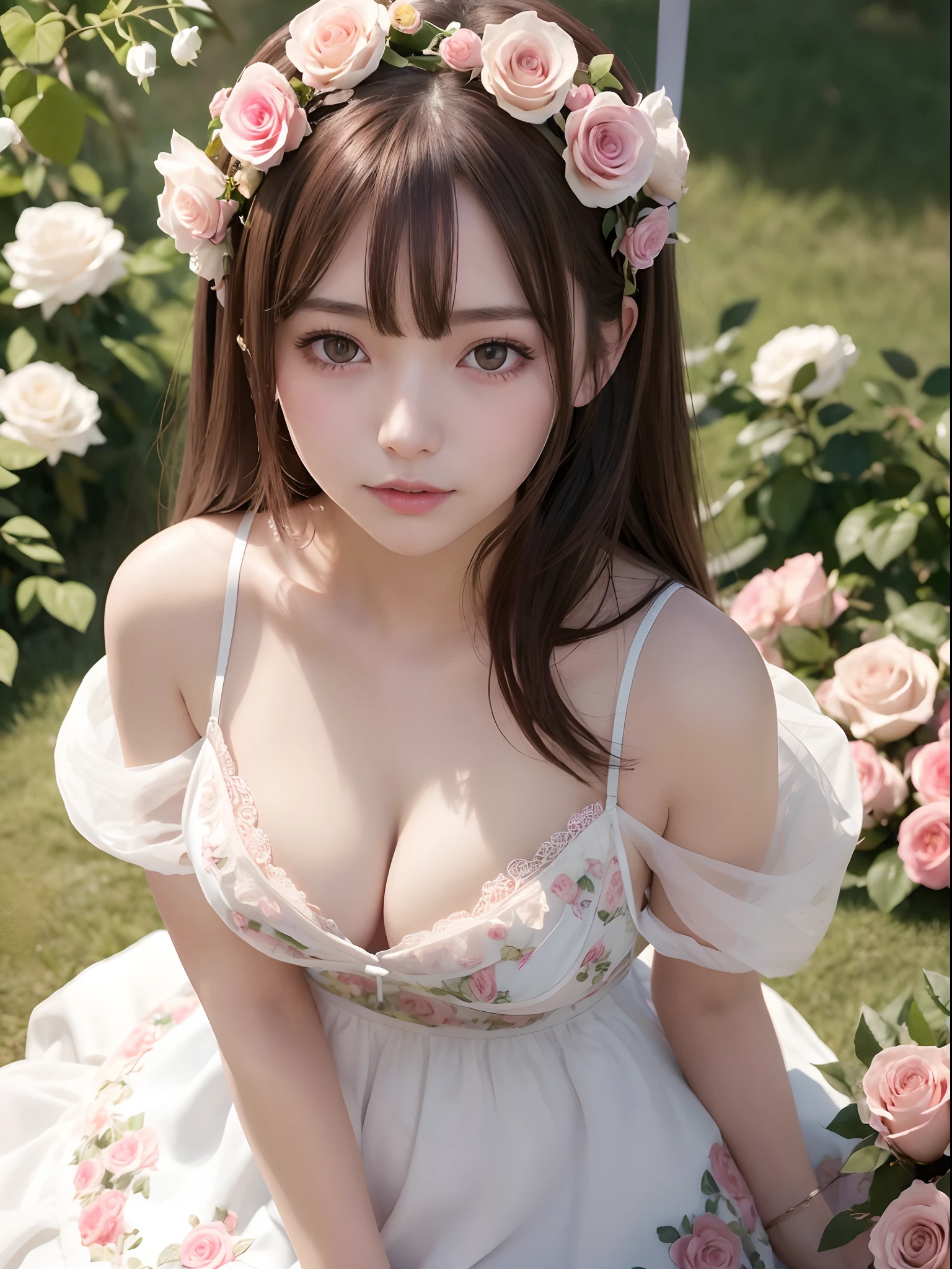 Beautiful adult woman、Brown hair、Medium Hair、Festall with a lot of white and pink roses on the head,,、a small face、makeup、ssmile、Colossal tits、cleavage of the breast、Clean nipples、nipple、Light blue dress、skirt by the、Floral ornament of roses of different colors on the skirt、Sit surrounded by roses