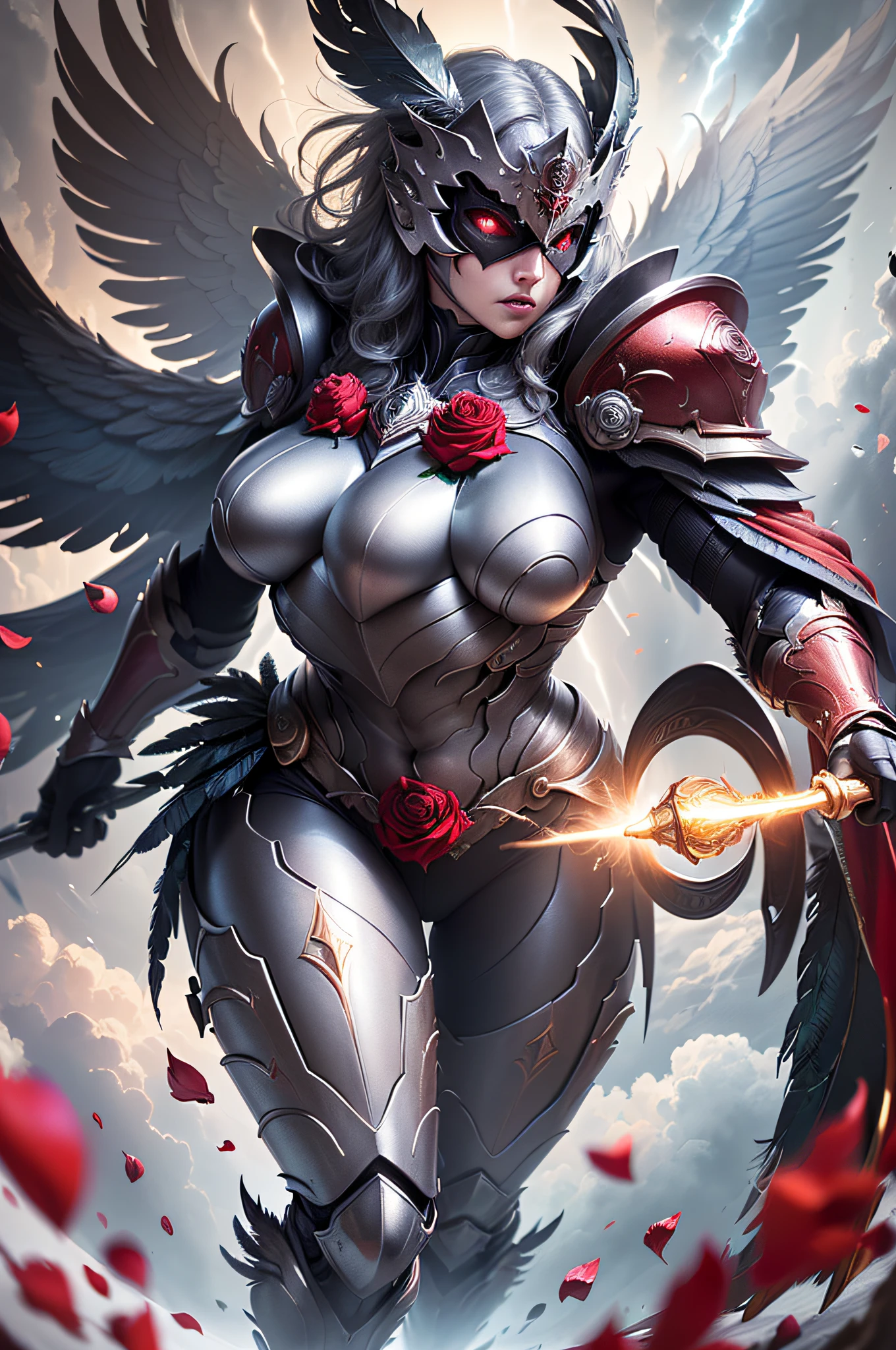 ((holding a super huge and heavy scepter)), silver quaint and heavy armor, super thick helmet with small wings on both sides, (((smooth mask)), wrapped all body, ((red cape)), ((beautiful six-winged battle angel woman)), handsome face, full body perspective, (((pillar of light)), (((feathers)), ((heavy clouds at your feet)), (((rose petals falling))), stereoscopic perspective, master works, facial details, super fine, 16k resolution, high quality, cinematic lighting, High detail, dynamic perspective, detailed, epic shooting