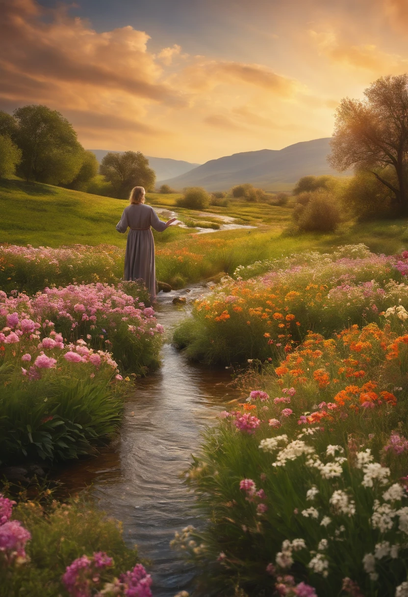 Ultra realistic image depicts a biblical landscape with a flowery field and a peaceful stream and a person with arms outstretched, receiving the Lord's provision referring to Psalm 23 in 8k format