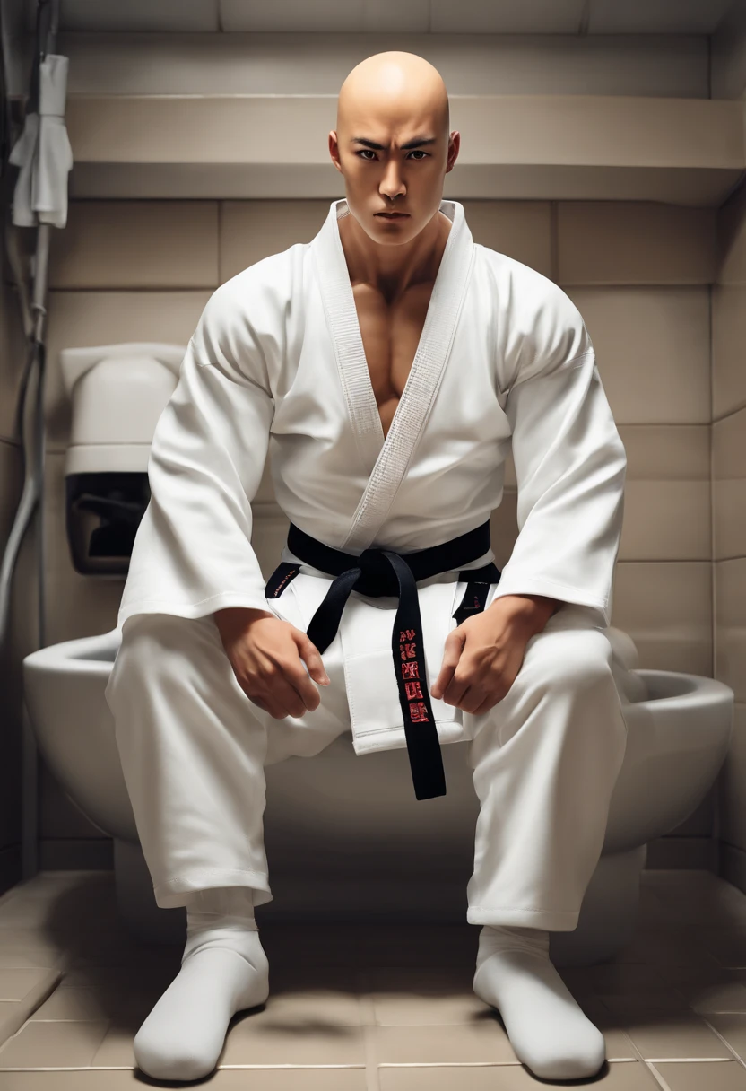 Saitama sitting on the toilet, white karate outfit, white belt, pants rolled up, looking directly at the camera, 8k close-up image, realistic