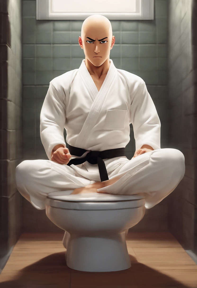 Saitama sitting on the toilet, white karate outfit, white belt, pants rolled up, looking directly at the camera, 8k close-up image, realistic