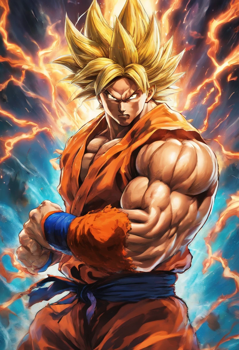 Shawt, realistic 3d rendering of goku super saiyan fused aquaman, surrounded by lightning, big muscular, full body photography, hyperrealistic