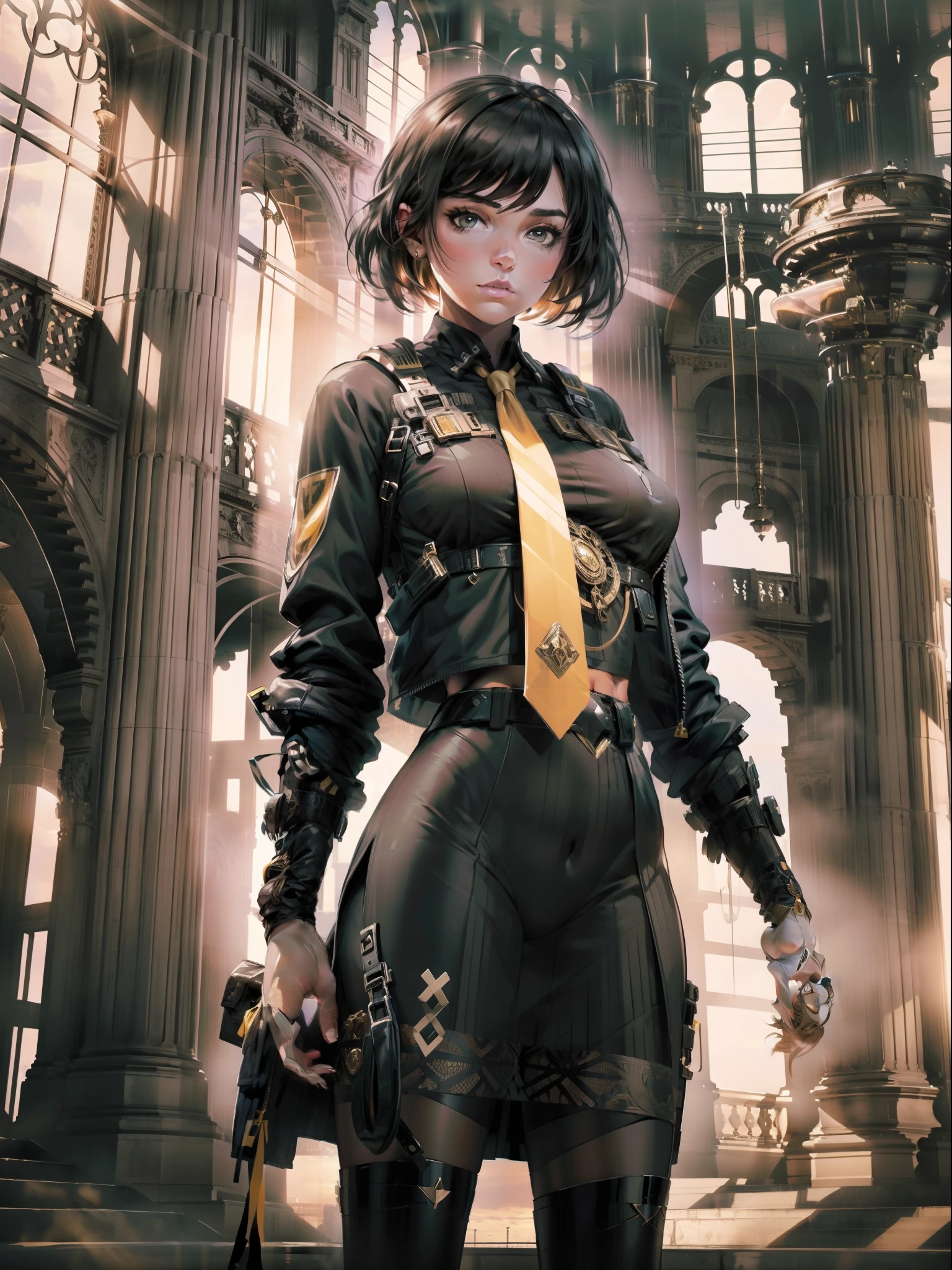 1girl, intricate detail, masterpiece, best quality, extremly detailed,cinematic lighting, beautiful detailed glow, finely detailed beautiful face and eyes, 8k, dark intense shadows, yellow eyes, medium hair, black hair, bangs, floating hair, black jacket, open jacket, white shirt, expressionless, yellow necktie, black skirt, spotlight, sunshine, sunrise, gradient sky, city, lens flare, cowboy shot, [[curvy]], [mature female]