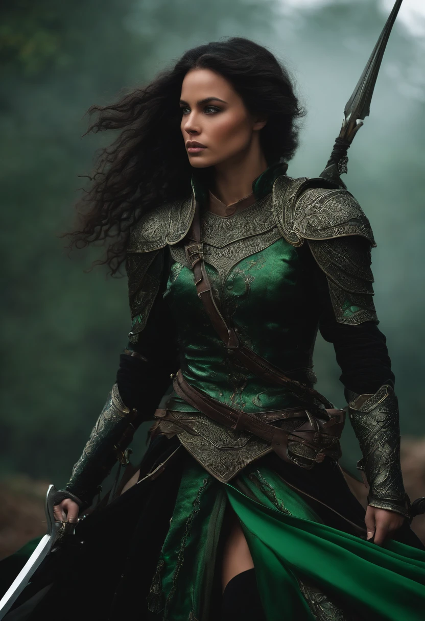 1 fille aux longs cheveux noir et yeux vert , avec un bouclier en combats, in decoration with other women at his side armor, hair in the wind detached, épee, massue.