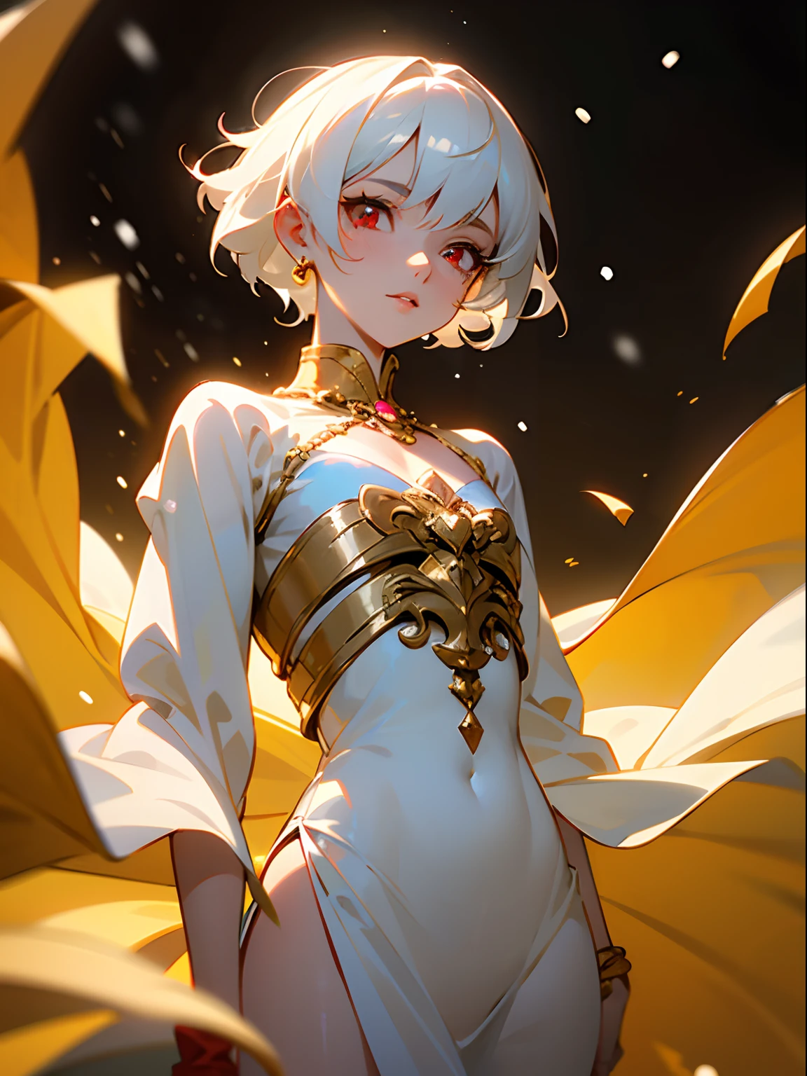 anime young woman, short hair, hair tied back, ((snow white colored hair)), red colored eyes, radiant red eyes, glowing red eyes, medium chest, small thighs, big body, strong body, dressed in a rich, dramatic pose, ((long white colored dress)), gold background, liquid gold falling into the background, gold accessories, gold jewels, strong wind on clothes, strong wind in her white , anime art style, bokeh, best quality, 4k masterpiece, HDR, UHD, detailed lips, detailed eyes, detailed gold, shining gold, beautful lighting, yellow lighting on her face, camera close to her face