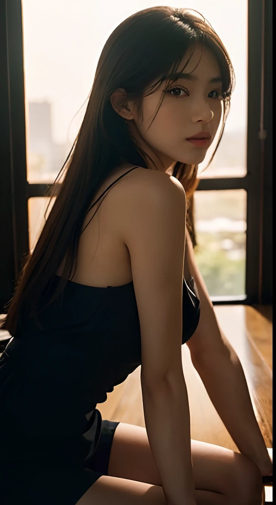 (best quality,4k,highres,masterpiece:1.2),ultra-detailed,(realistic,photorealistic,photo-realistic:1.37),woman sitting on a window sill in a black dress, detailed eyes and face, beautiful detailed lips, soft light from the side, sunset light, HDR, UHD, studio lighting, vivid colors, korean girl, photograph of a techwear woman, shot on canon eos r5, anime girl in real life, long eyelashes
