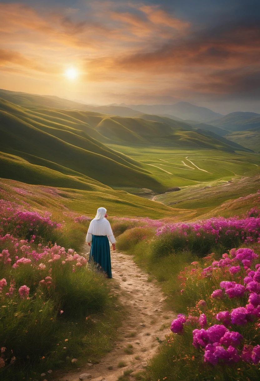 Ultra realistic biblical image of Psalm 23 landscape with a flower field and a peaceful stream with a biblical person with arms outstretched, receiving God's provision in 8k format