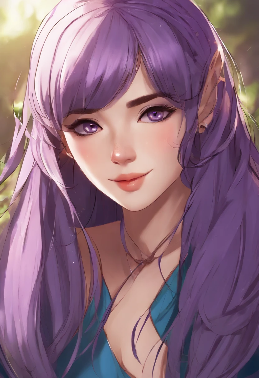 masterpiece, best quality, {best quality}, {{masterpiece}}, {highres}, focus, anime style, a closeup of a cartoon of a woman, girl design, portrait, giesha, anime image, long hair, purple hair, straight eyes, hair covering ears, polished and powerful look, exotic, tall, freckles, cheerful, classic clothing, colorful, colors
