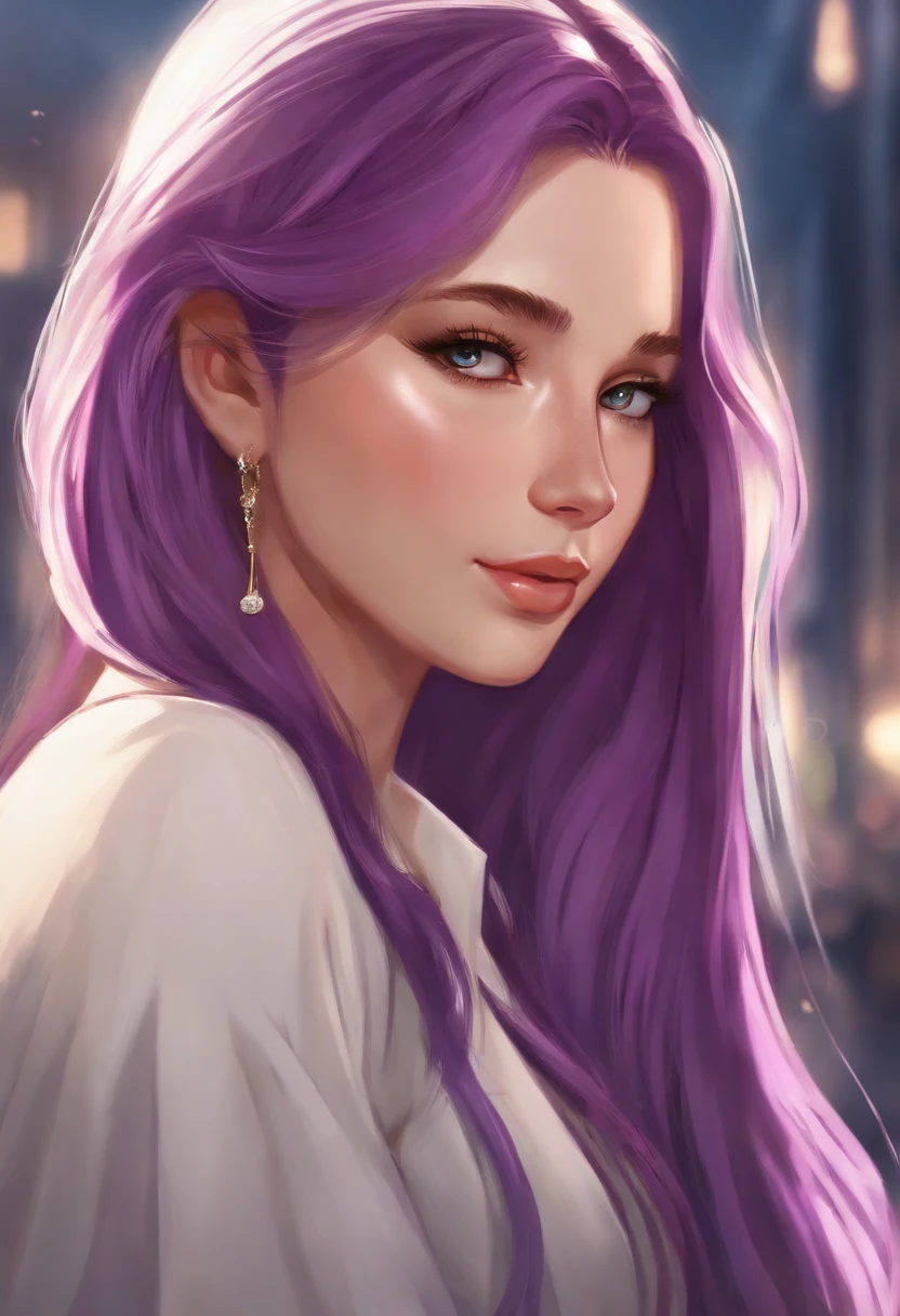 masterpiece, best quality, {best quality}, {{masterpiece}}, {highres}, focus, anime style, a closeup of a cartoon of a woman, girl design, portrait, giesha, anime image, long hair, purple hair, straight eyes, hair covering ears, polished and powerful look, exotic, tall, freckles, cheerful, classic clothing, colorful, colors