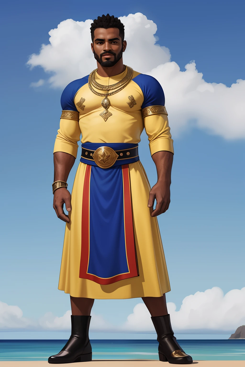 personagem masculino da bandeira de Cabo Verde. The top is deep blue, simbolizando o oceano que cerca as ilhas. The chest and the central part are white, representando a paz e a unidade do povo cabo-verdiano. The sleeves and legs are red, denoting determination and spirit, do 10 Estrelas Douradas, : Ten gold stars are prominently displayed at the top of the costume, ao longo do peito e ombros, representando as 10 principais ilhas de Cabo Verde. Cada estrela, It is carefully detailed and shines brightly against the background Star Belt A wide belt, also golden, is used in Tribal Details, O traje incorpora elementos tribais discretos em seu design, referencing the cultural heritage of Cape Verde ,Estilo Art Vista de Corpo Inteiro, plano completo, vista frontal, Vista lateral, vista traseira, de personagem, Multiple views and poses, various points of view, um personagem, corpo inteiro, personagem com menos, estilo de roupa, no mesmo Estilo de cabelo, less Type of footwear, strong full-body vision, plano completo, vista frontal, vista traseira, design de personagem, Multiple views and poses, various points of view, de um personagem, corpo inteiro,, personagem com mesmo, estilo de roupa, no mesmo Estilo de cabelo, same Type of footwear