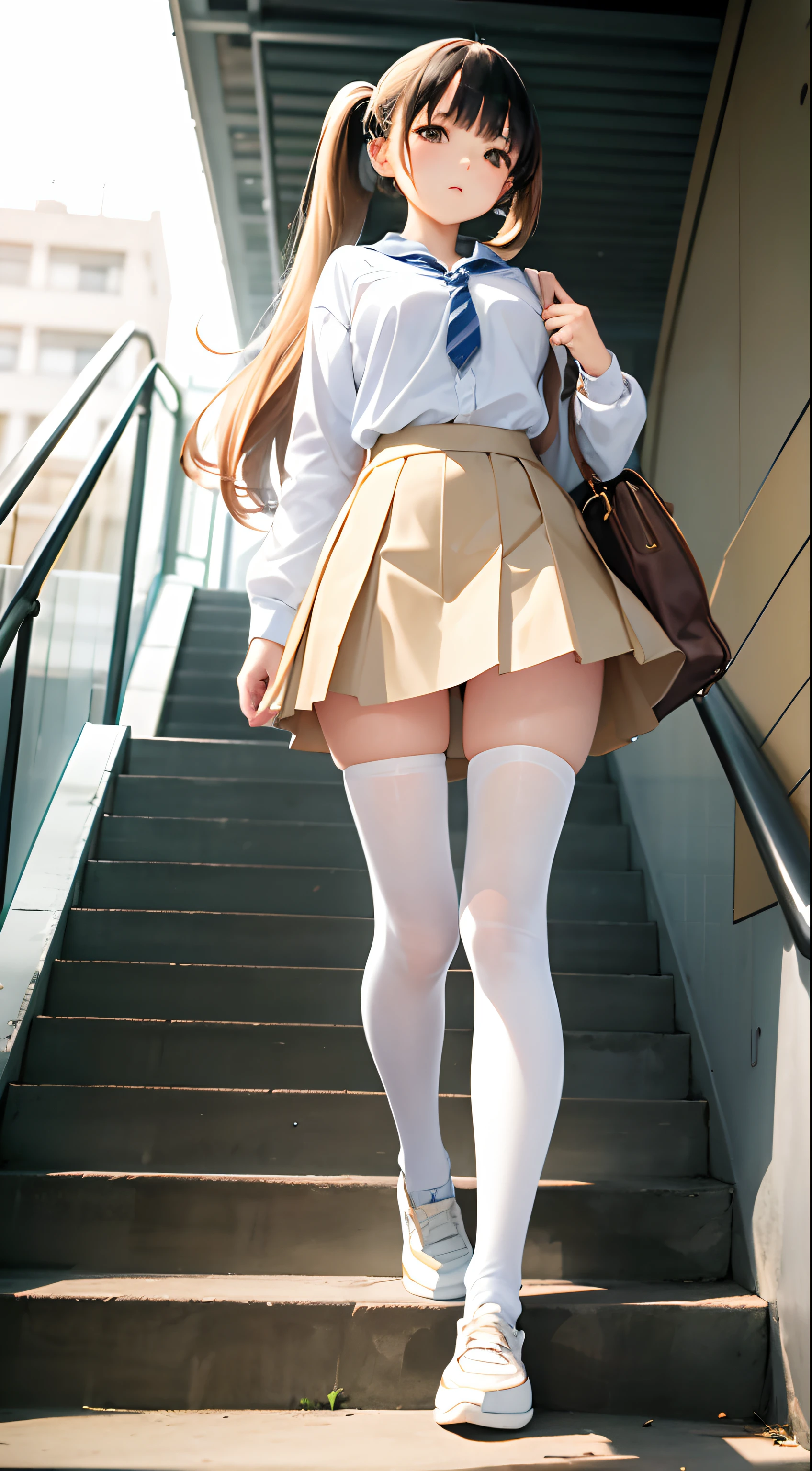 1人の女性、top-quality、kawaii、poneyTail、Miniskirt rolled up、white panties、Beige pantyhose、gust of wind、heavy wind、stairs at school、In the middle of the stairs、