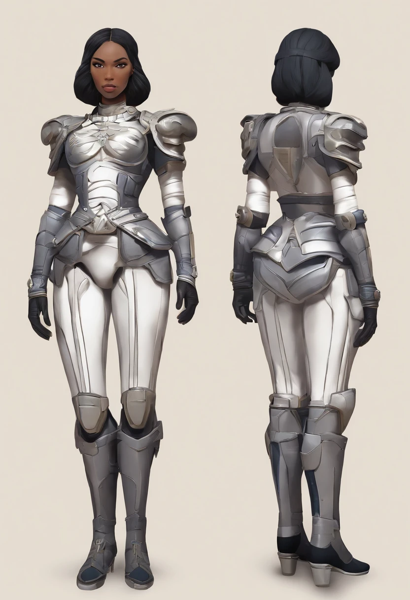 Female Marine Corps officer wearing white protector(Tall huge tit thick thight Cleopatra Kat Cobalt hair Brown eyes Black lips) A communication device like a tiara is attached to the head A black metal skeleton covers the torso of a woman wearing a white inner suit, and the oval crystal on her chest glows blue. Both shoulders are protected by armor with three plates stacked on the left and right, and metal fibers extending from the armor cover up to the elbows. Small backpack on the back The waist circumference is on the front front left and right1Each short plate is fixed as skirt armor on the back side, left and right center. Armor boots protect your legs wrapped in light-colored tights up to your thighs。(SF)