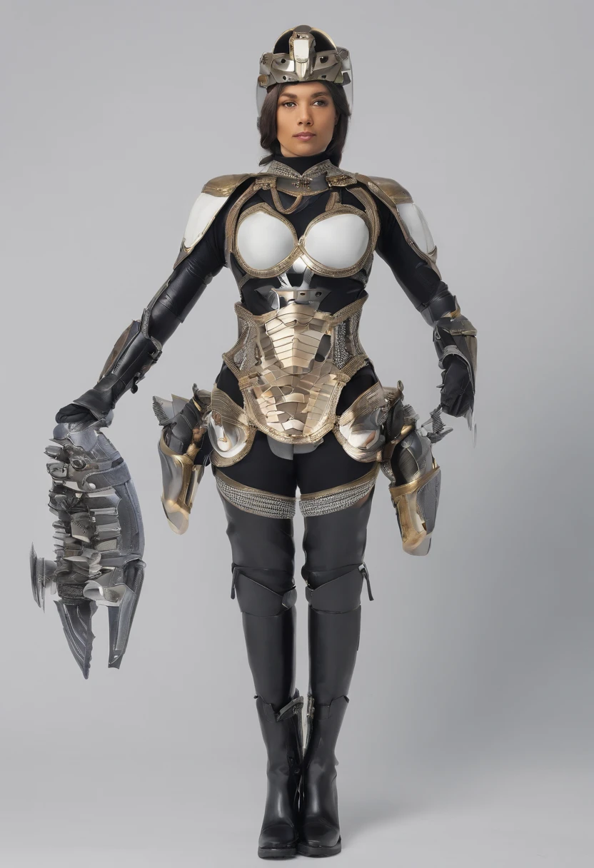 Female Marine Corps officer wearing white protector(Tall huge tit thick thight Cleopatra Kat Cobalt hair Brown eyes Black lips) A communication device like a tiara is attached to the head A black metal skeleton covers the torso of a woman wearing a white inner suit, and the oval crystal on her chest glows blue. Both shoulders are protected by armor with three plates stacked on the left and right, and metal fibers extending from the armor cover up to the elbows. Small backpack on the back The waist circumference is on the front front left and right1Each short plate is fixed as skirt armor on the back side, left and right center. Armor boots protect your legs wrapped in light-colored tights up to your thighs。(SF)